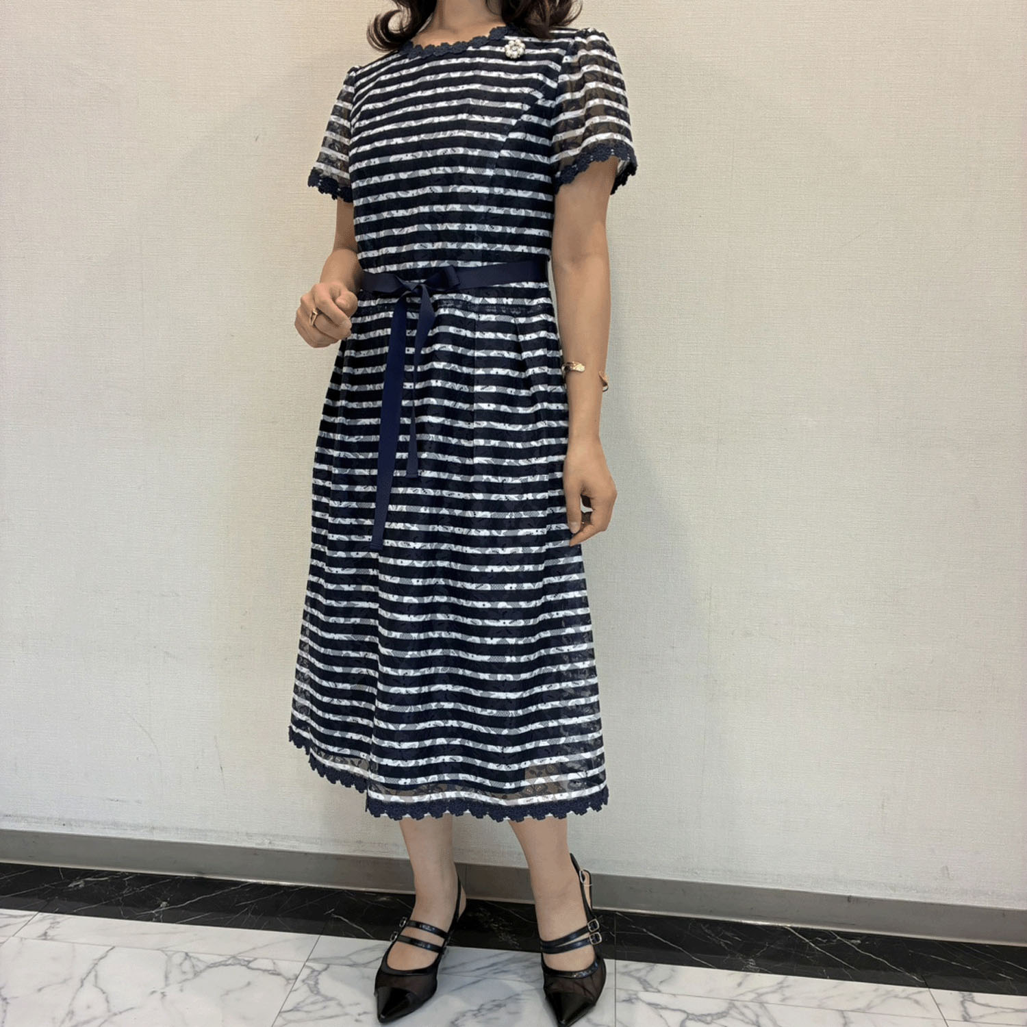 Super Beauty ボーダープリントレース素材半袖ワンピース - 画像10