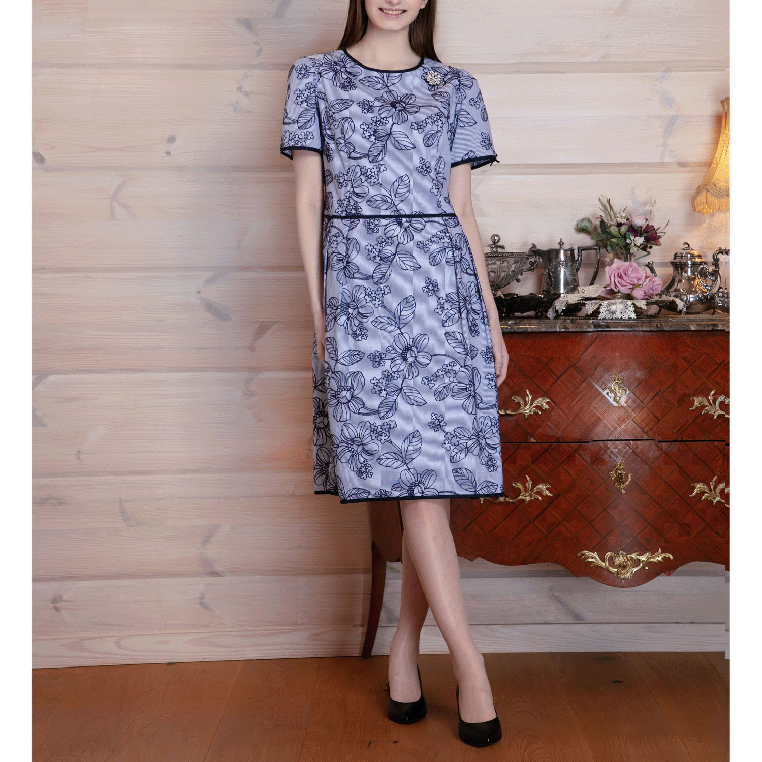 【4月中旬入荷予定】Super Beauty ストライプ柄×花フロッキープリント半袖ワンピース - 画像2