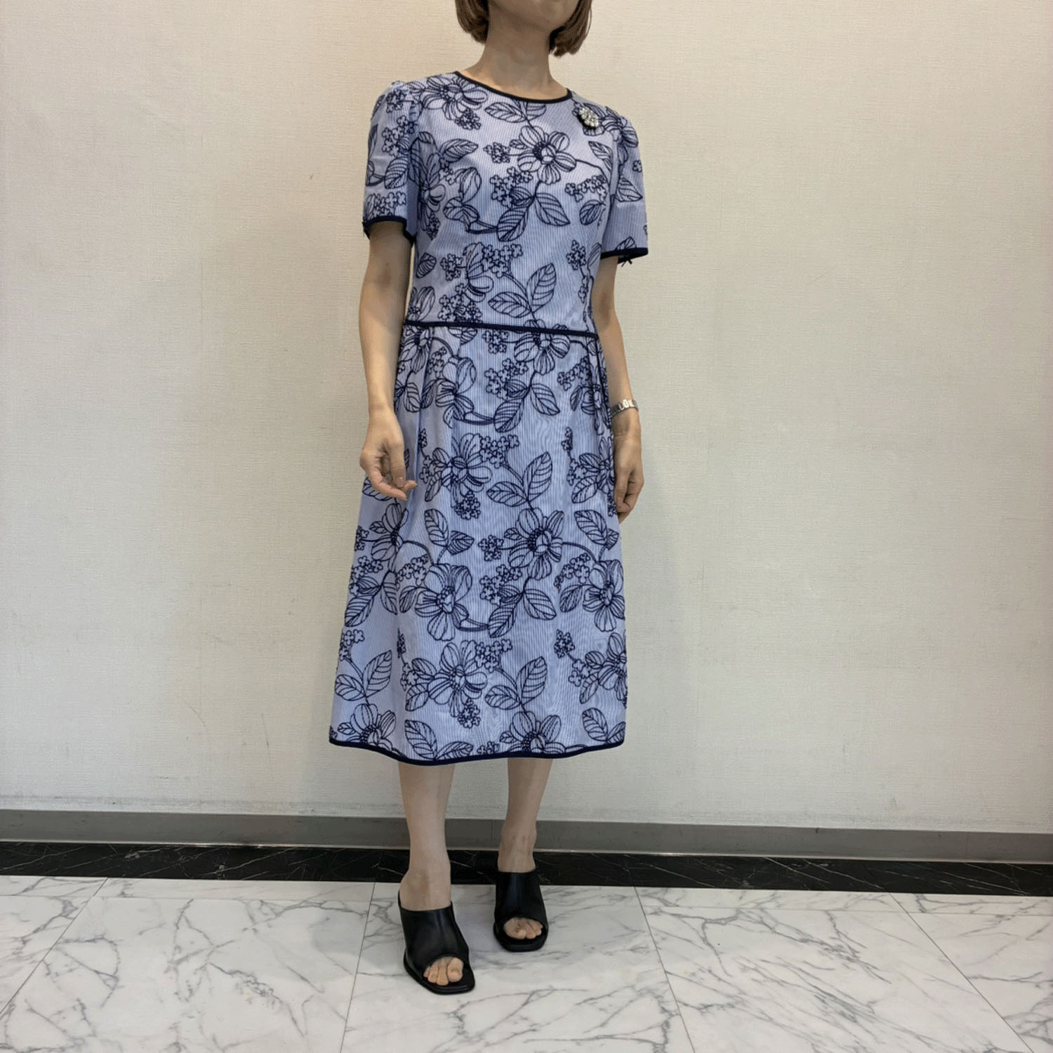 【4月中旬入荷予定】Super Beauty ストライプ柄×花フロッキープリント半袖ワンピース - 画像4