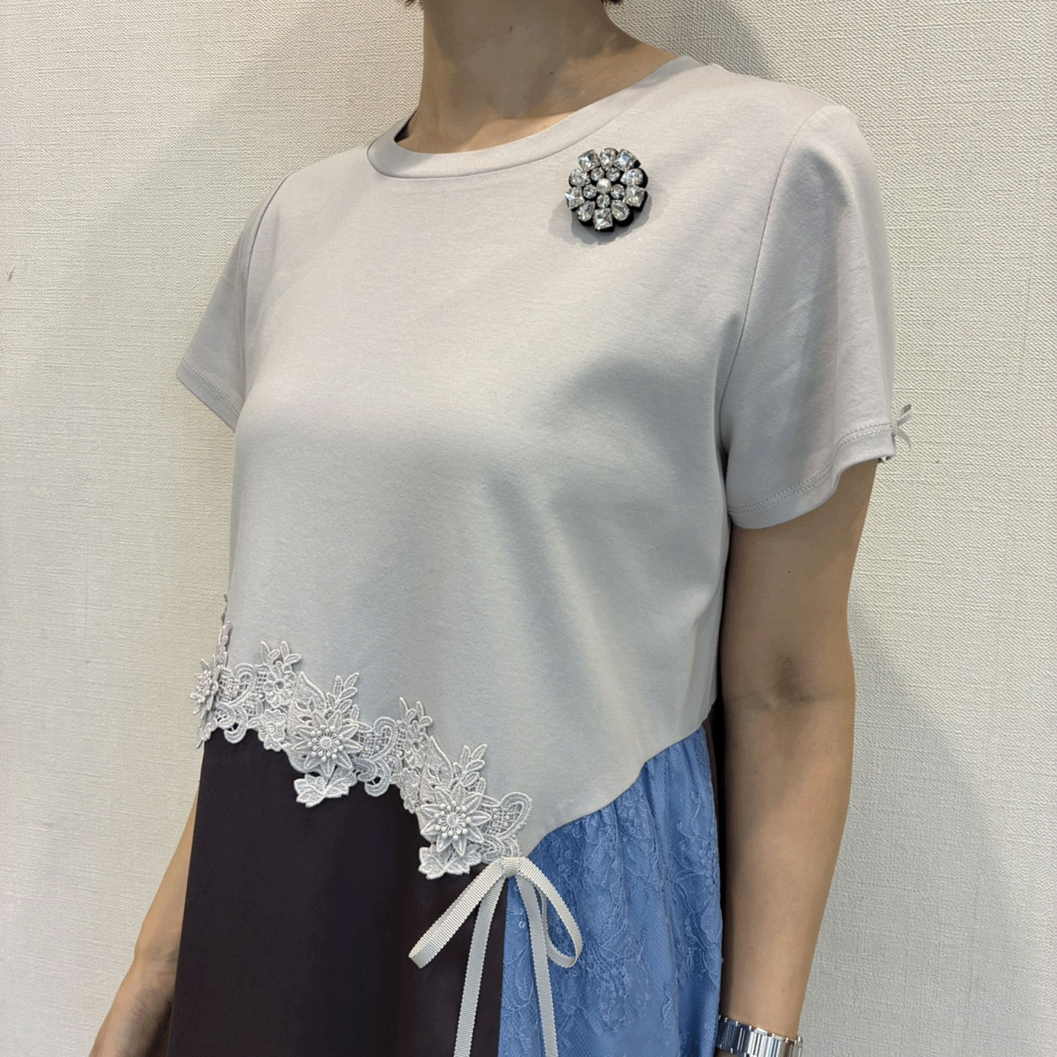 Super Beauty 異素材配色アシンメトリー切替ワンピース - 画像12