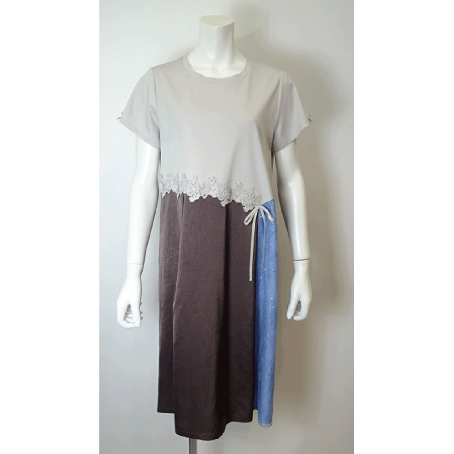 【4月中旬入荷予定】Super Beauty 異素材配色アシンメトリー切替ワンピース - 画像7