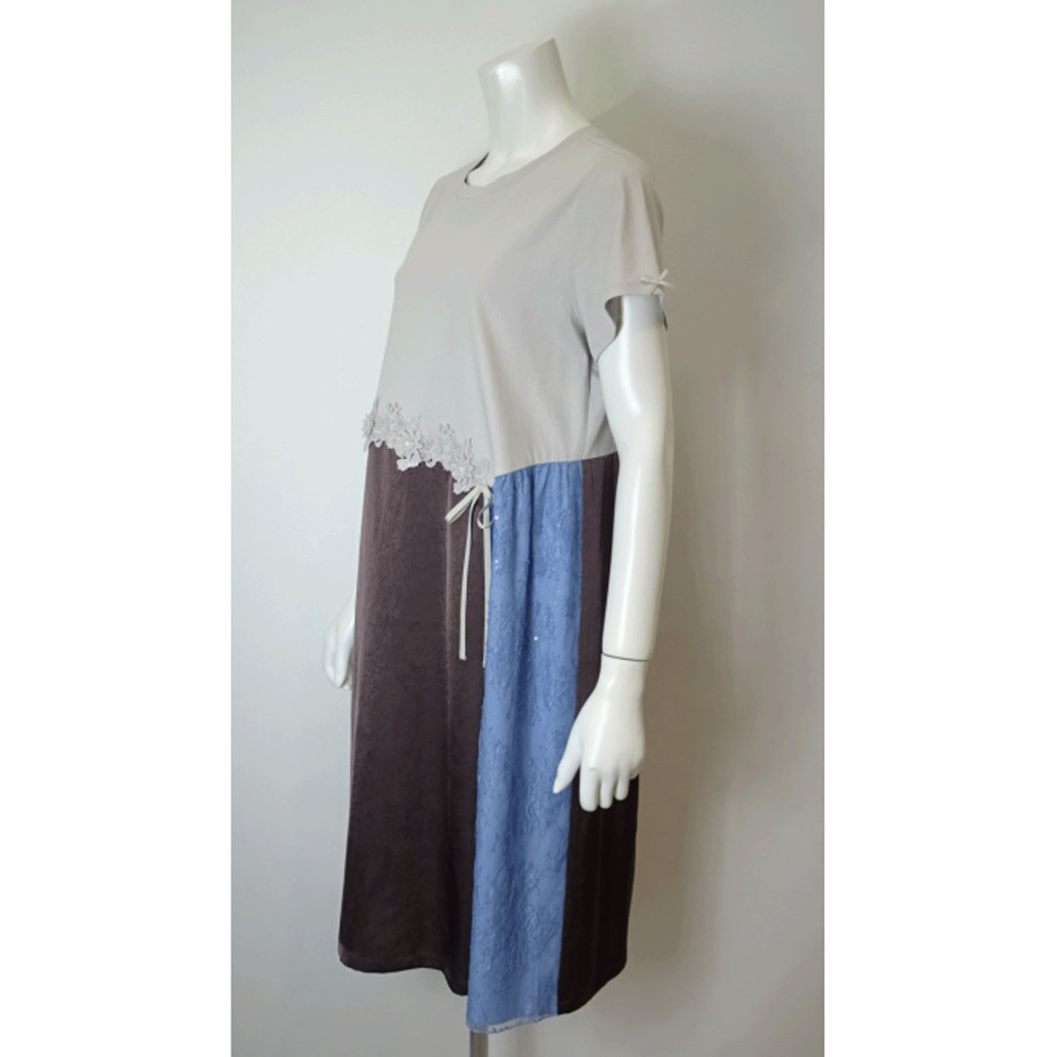 【4月中旬入荷予定】Super Beauty 異素材配色アシンメトリー切替ワンピース - 画像8