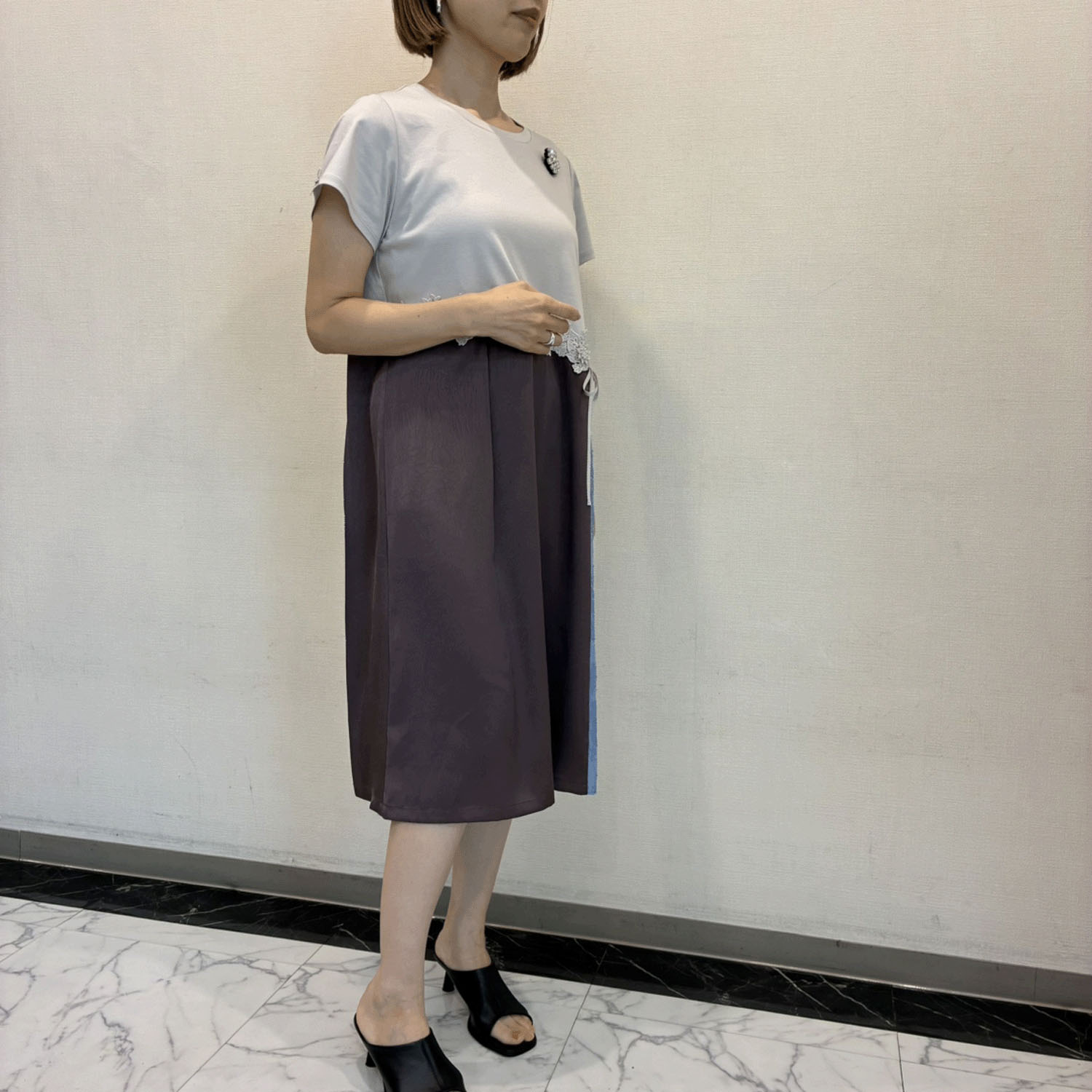 Super Beauty 異素材配色アシンメトリー切替ワンピース - 画像10