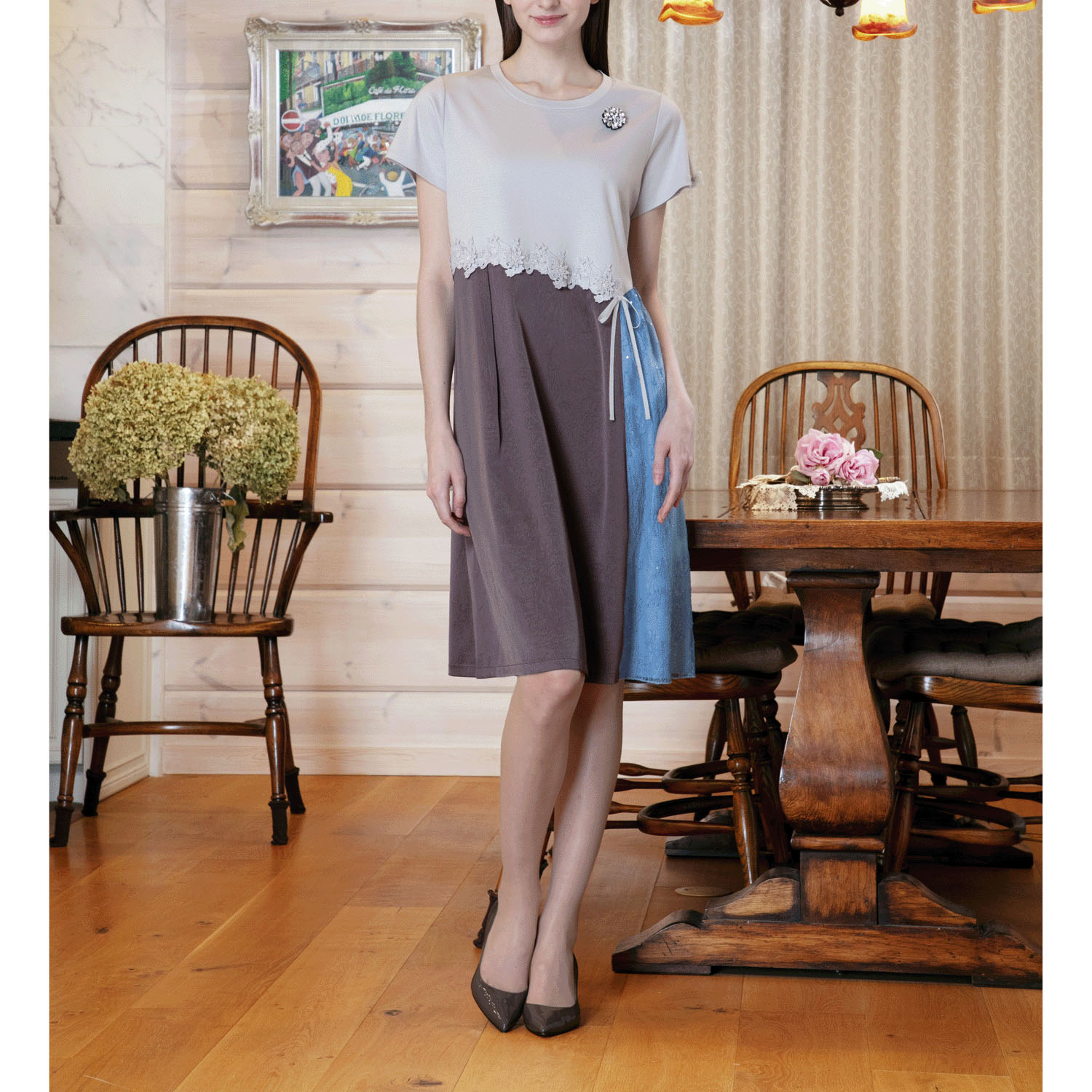 【4月中旬入荷予定】Super Beauty 異素材配色アシンメトリー切替ワンピース