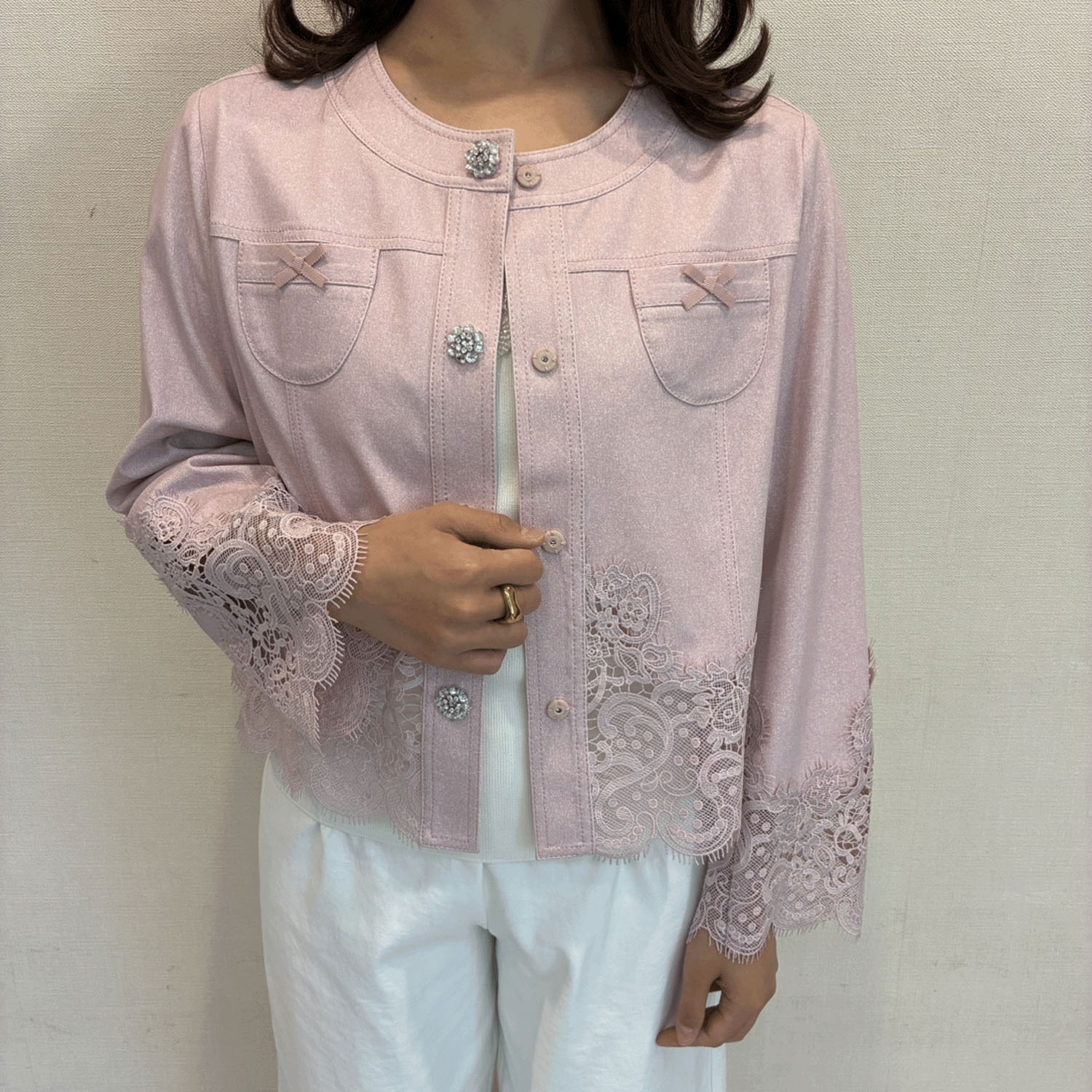 Super Beauty 裾レース切替転写素材ノーカラージャケット - 画像11