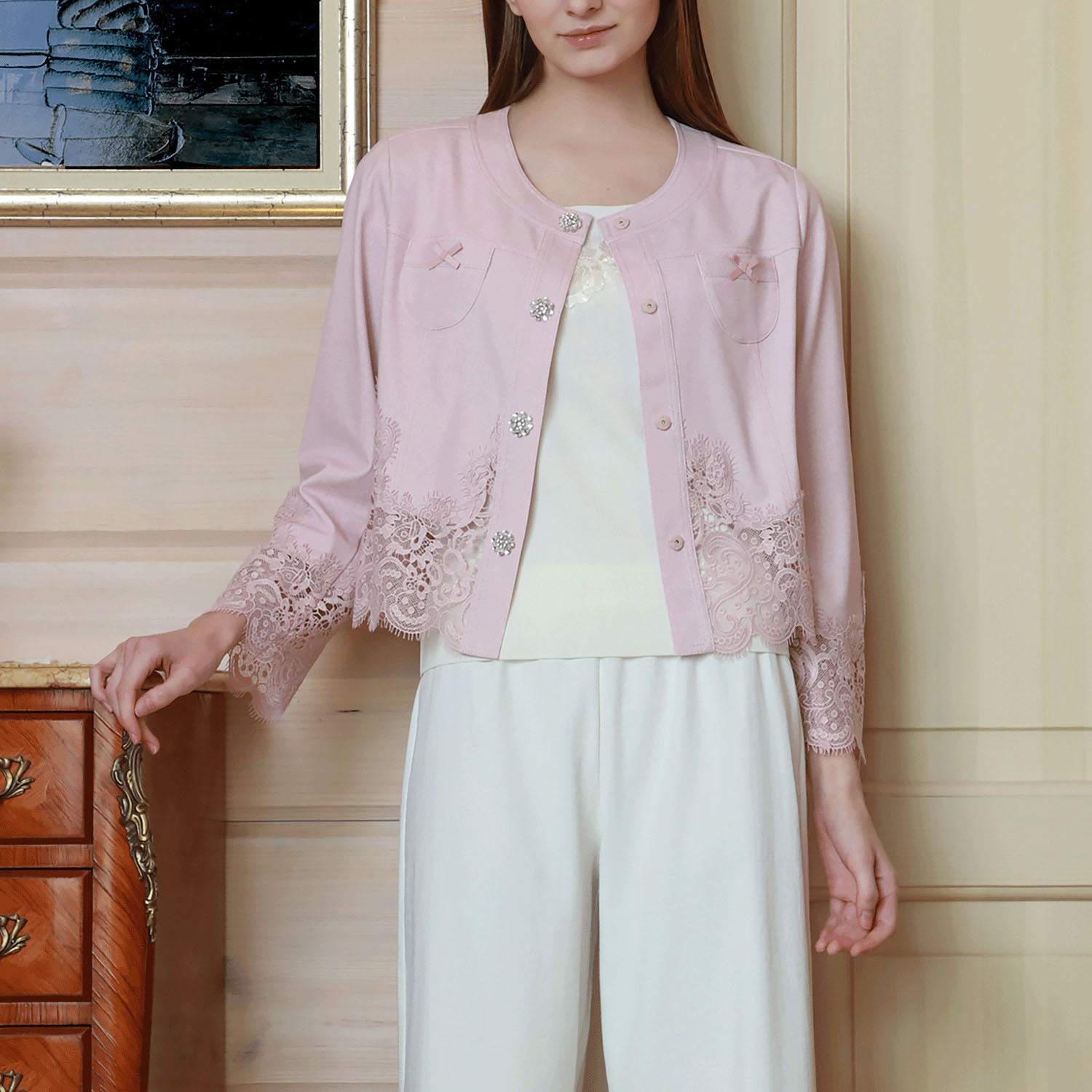 Super Beauty 裾レース切替転写素材ノーカラージャケット - 画像9