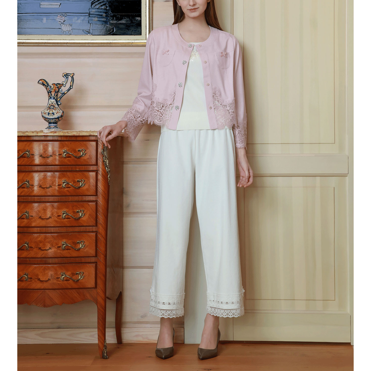 【2月下旬入荷予定】Super Beauty 裾レース切替転写素材ノーカラージャケット - 画像10