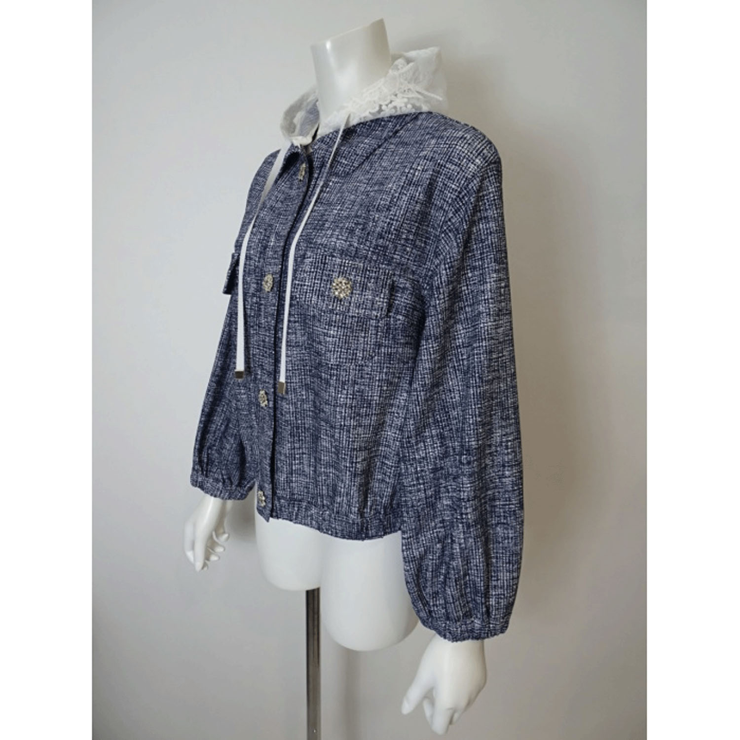 Super Beauty ジュエルボタン格子チェック柄プリント フード着脱式ジャケット - 画像13