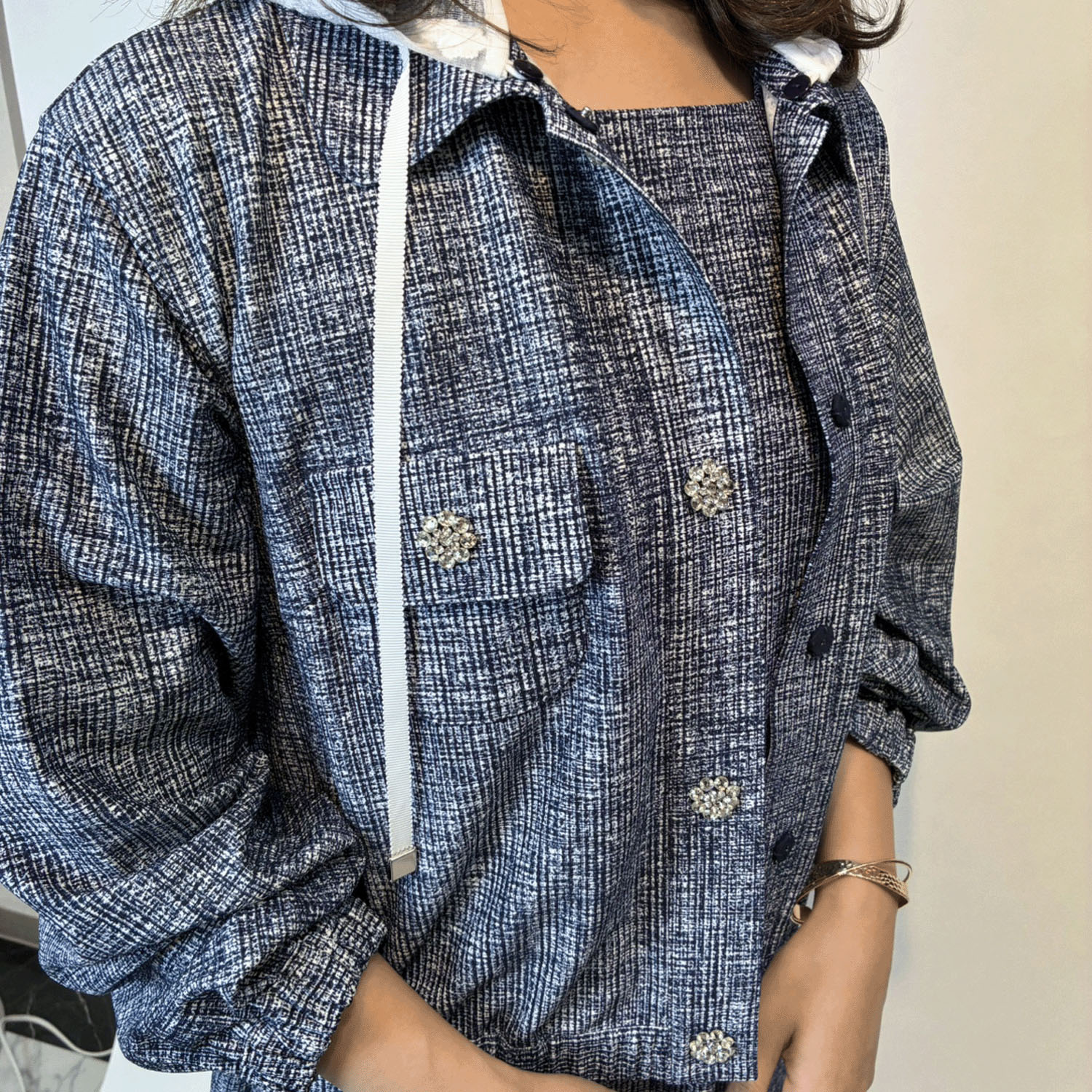 Super Beauty ジュエルボタン格子チェック柄プリント フード着脱式ジャケット - 画像7