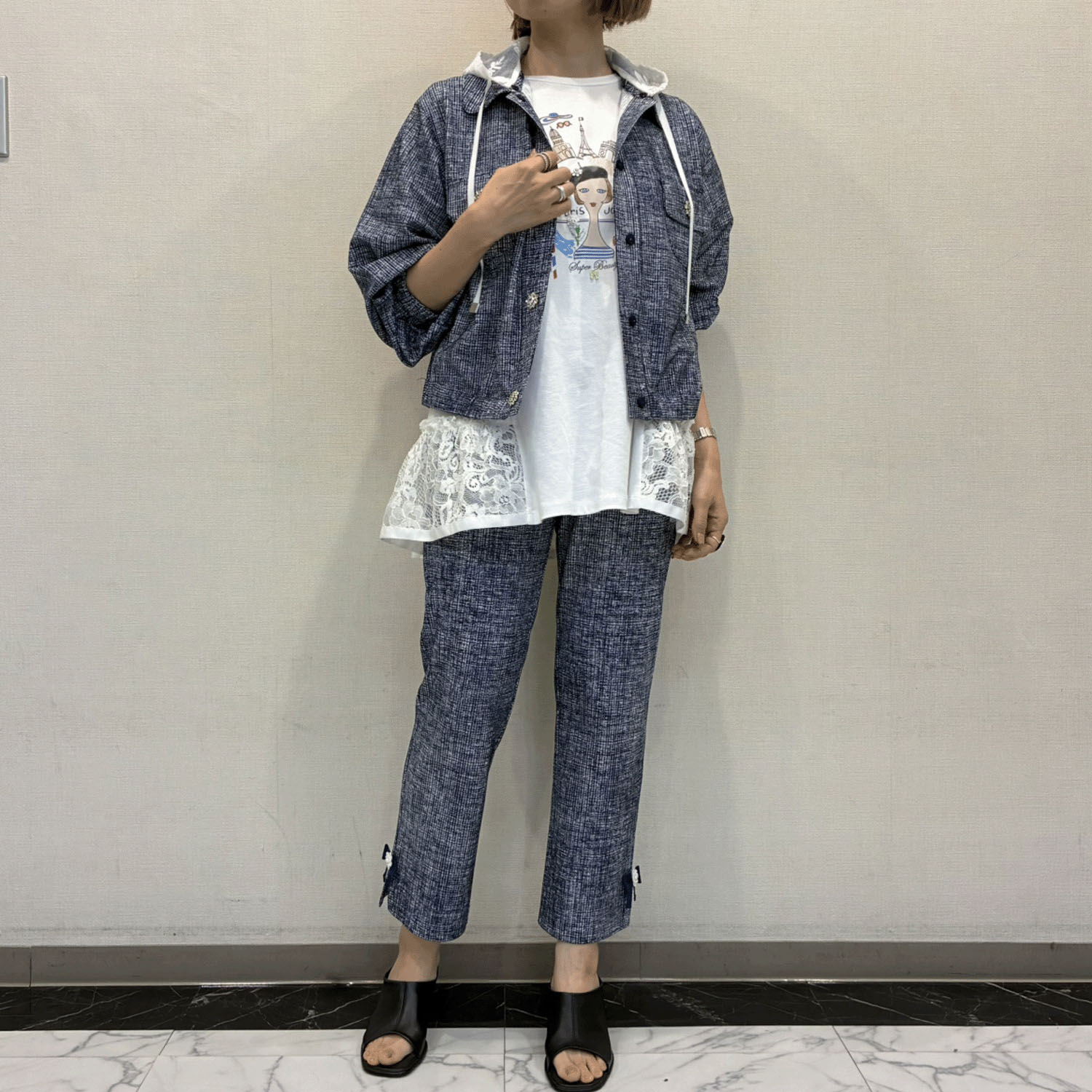 Super Beauty ジュエルボタン格子チェック柄プリント フード着脱式ジャケット - 画像9