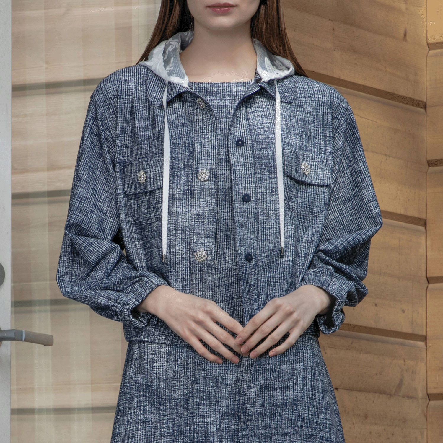 Super Beauty ジュエルボタン格子チェック柄プリント フード着脱式ジャケット