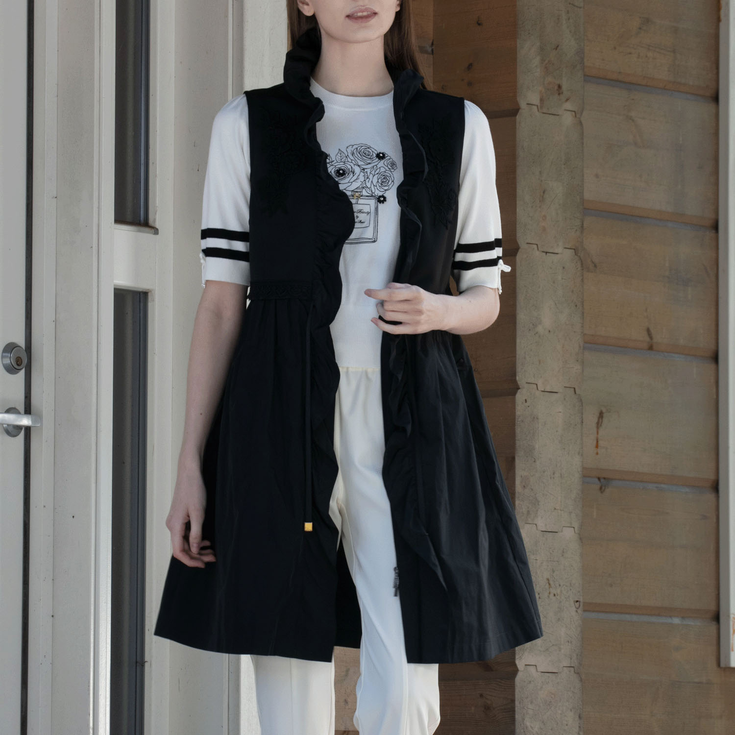 Super Beauty タフタ素材フリル切替ロングジレ