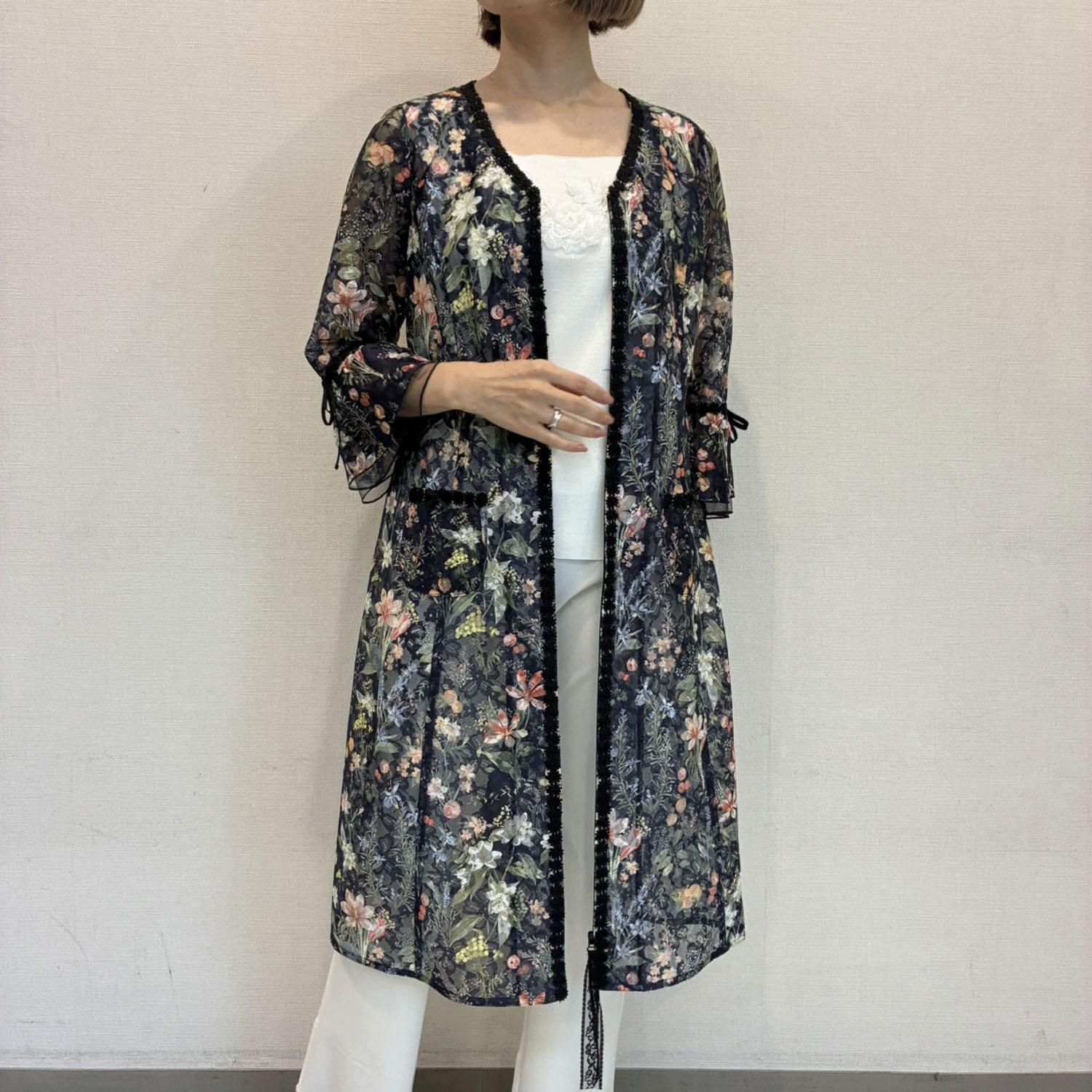 Super Beauty レース素材フラワープリントV開きジャケット - 画像2