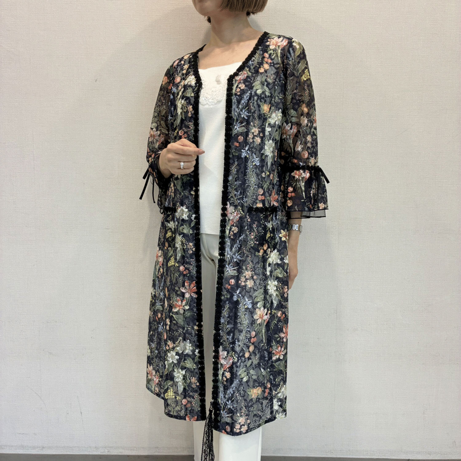 Super Beauty レース素材フラワープリントV開きジャケット - 画像1
