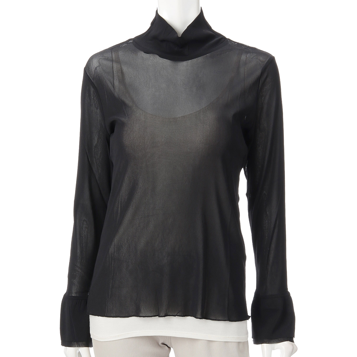 Super Beauty 袖先リボン使いハイネックパワーネットトップス - 画像4