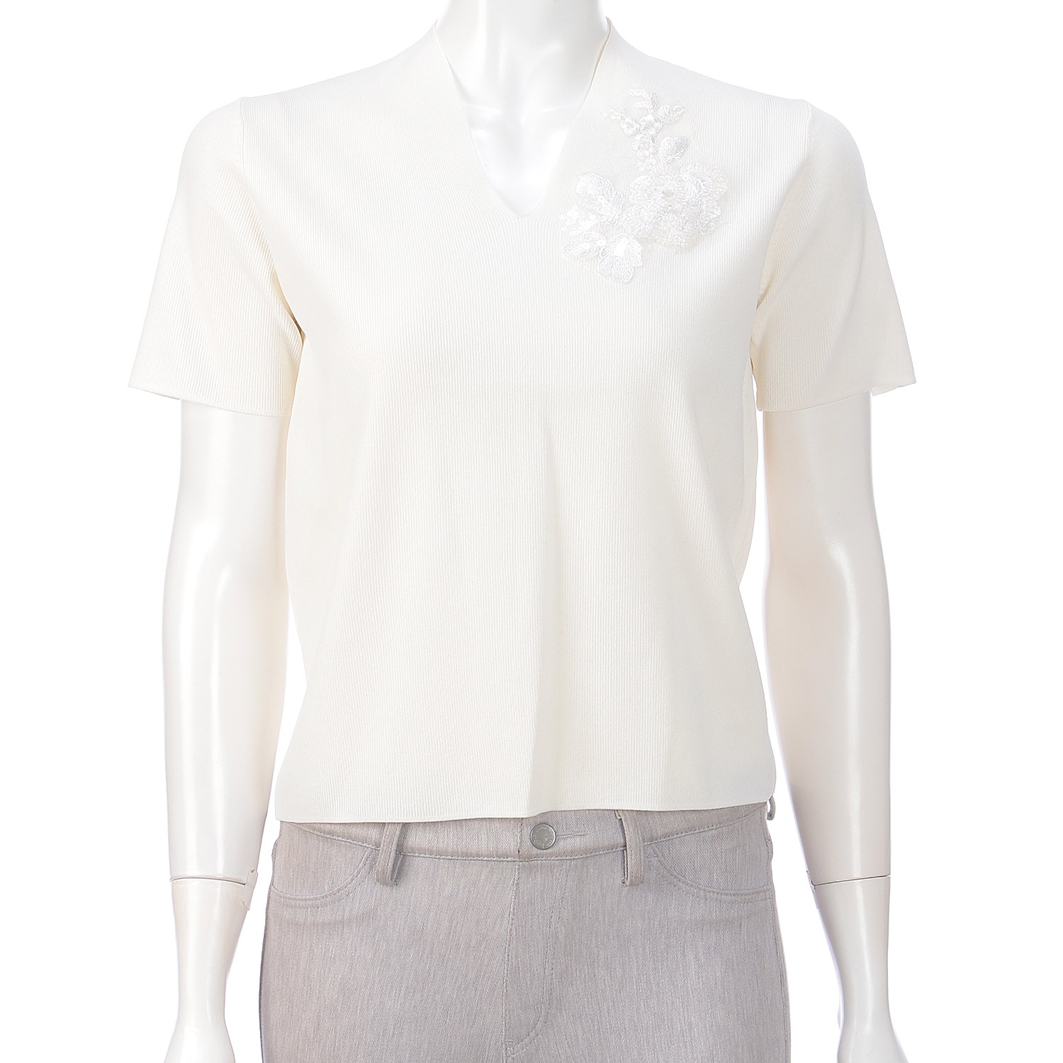 Super Beauty 胸元スパンコール刺繍Vネック半袖セーター - 画像4