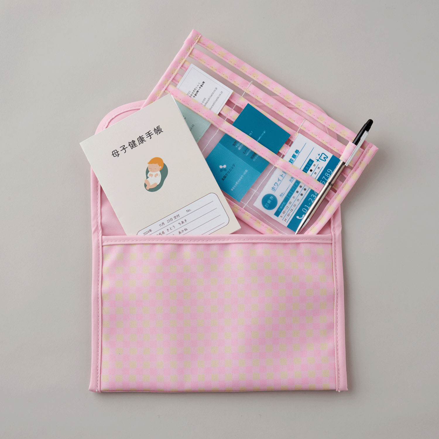 ギンガムチェックの母子手帳ケース グリーン - 画像4