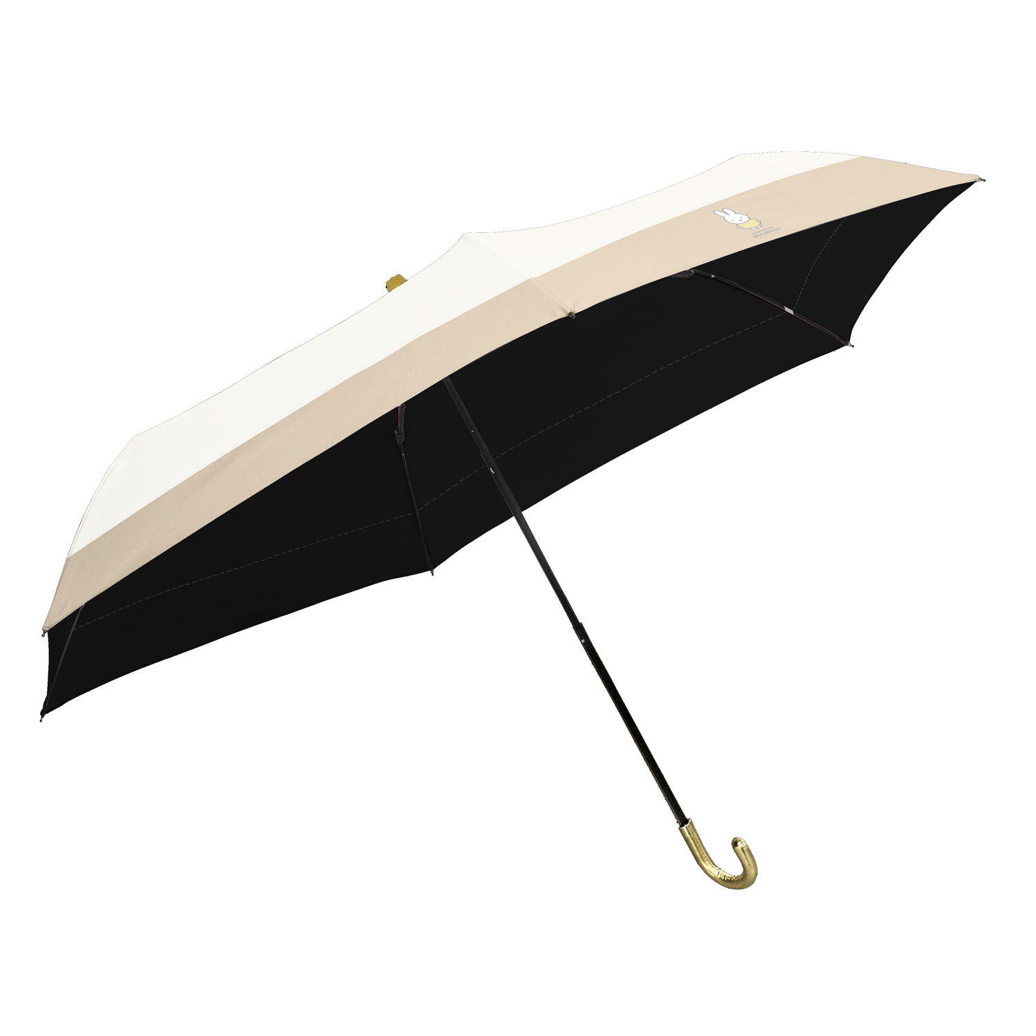 ミッフィー 晴雨兼用コンパクト折りたたみ傘 レザーハンドル 白×ベージュ 切り継ぎ - 画像2