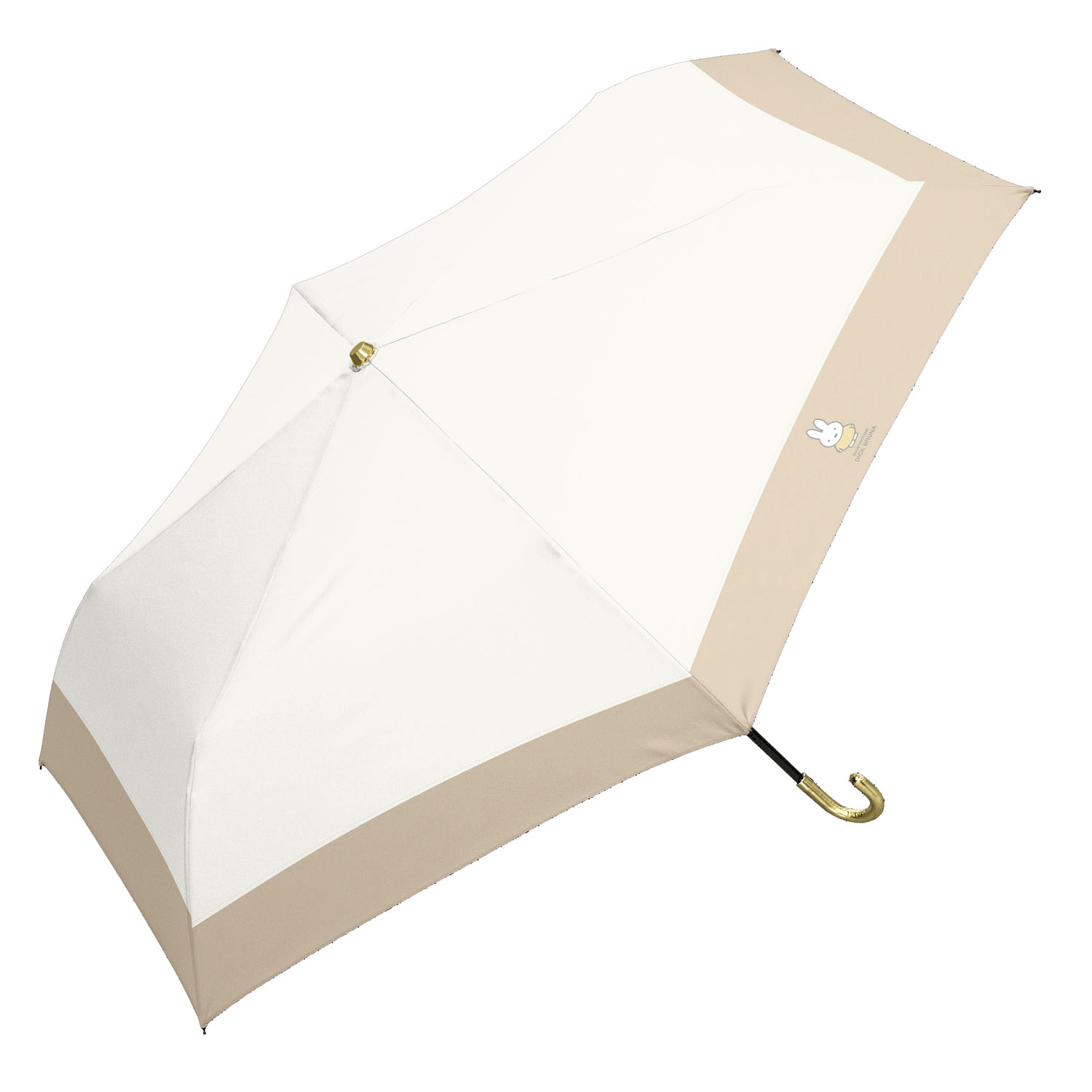 ミッフィー 晴雨兼用コンパクト折りたたみ傘 レザーハンドル 白×ベージュ 切り継ぎ - 画像1