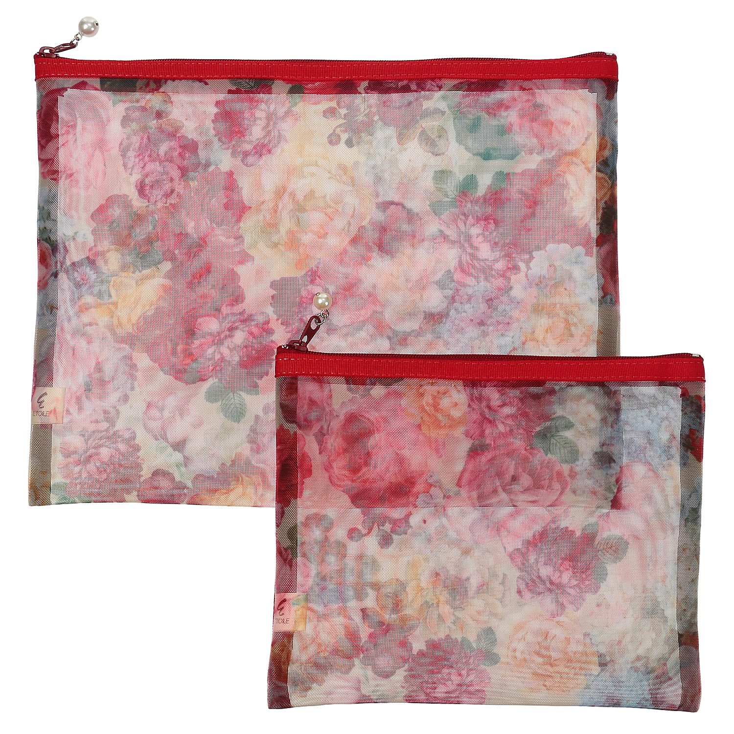 【日本製】 花柄メッシュ天ファスナーフラットポーチ 2サイズセット - 画像2