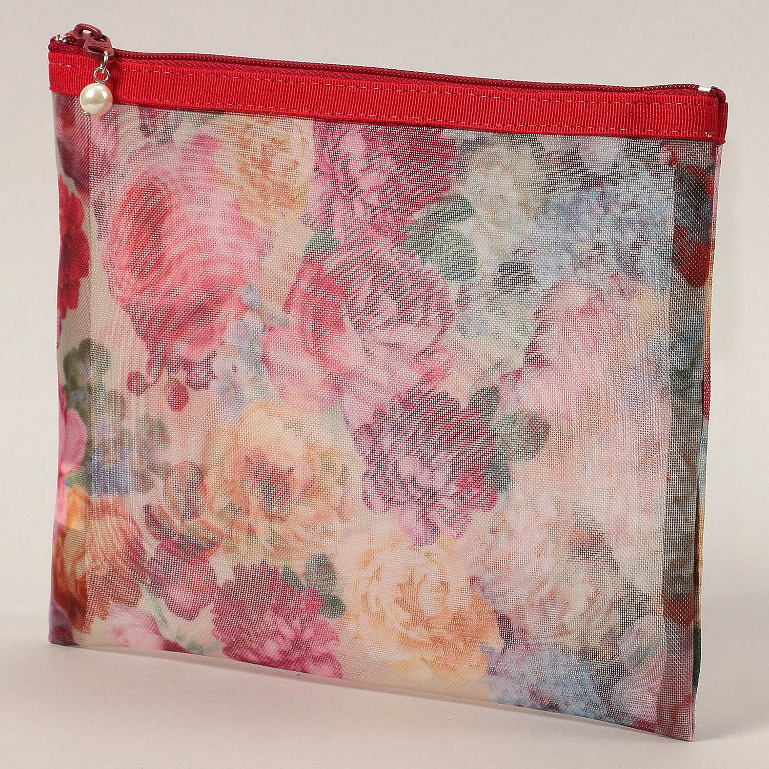 【日本製】 花柄メッシュ天ファスナーフラットポーチ 2サイズセット - 画像3