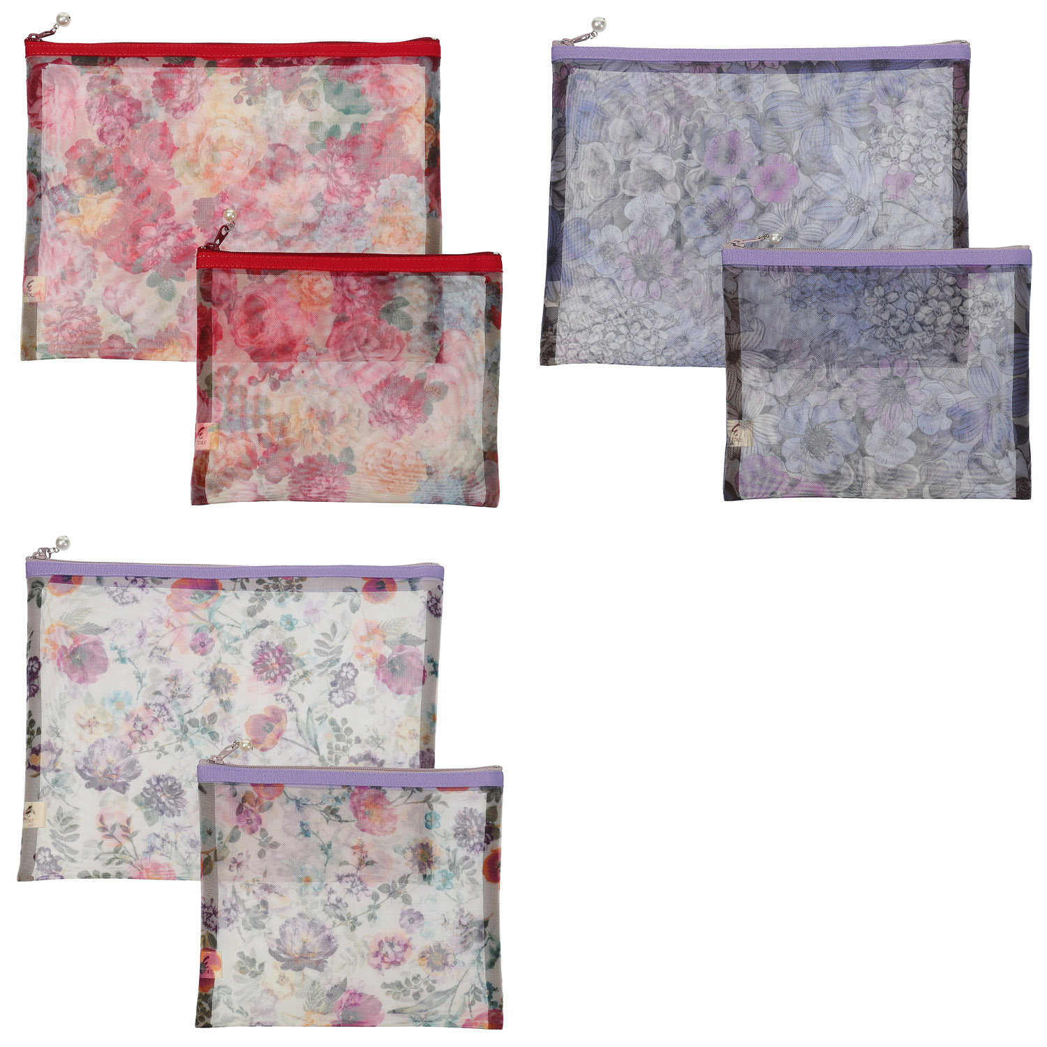 【日本製】 花柄メッシュ天ファスナーフラットポーチ 2サイズセット - 画像1