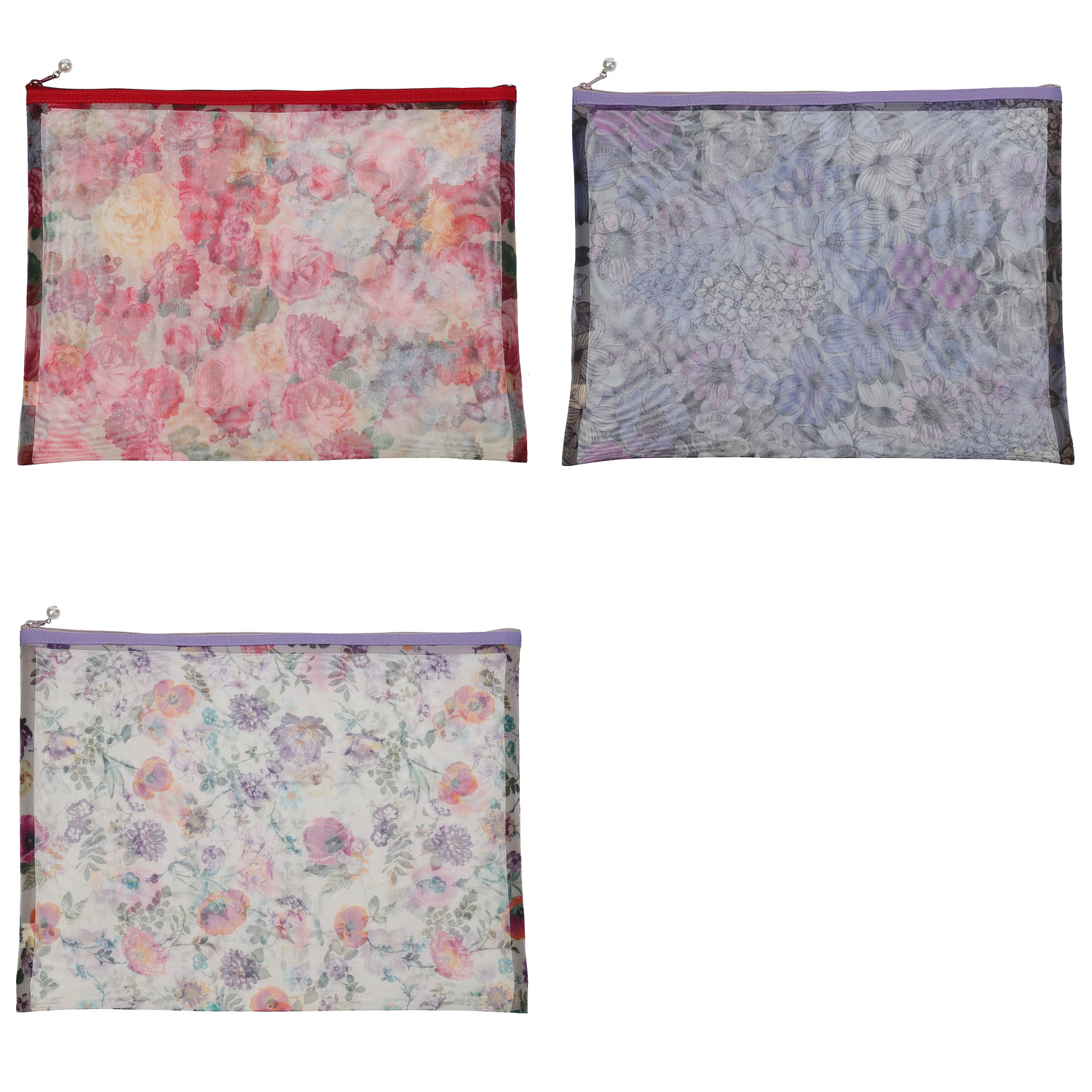 【日本製】 花柄メッシュ天ファスナーフラットポーチ（特大） - 画像1