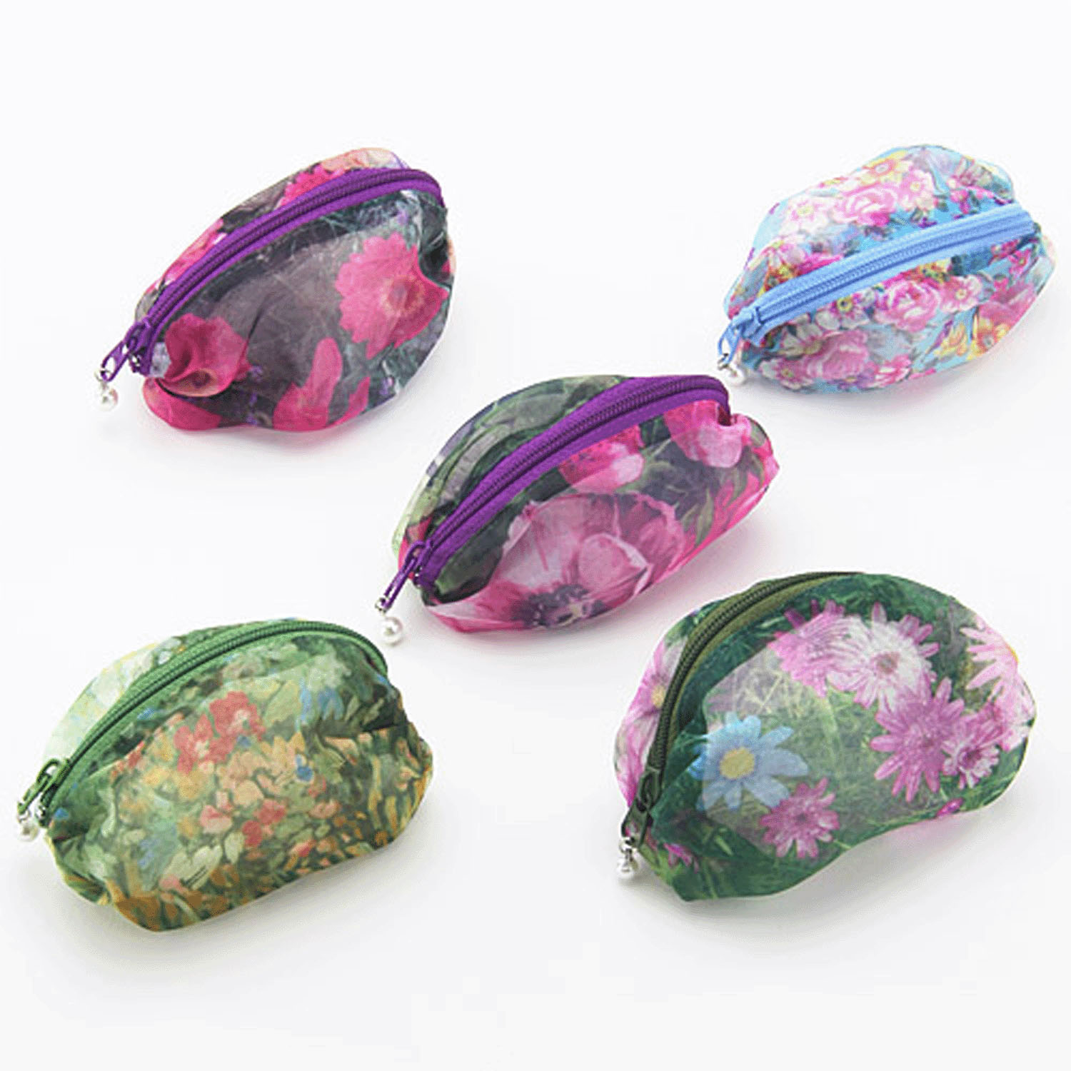 オーガンジー 俵型ミニポーチ （柄アソート5個組） - 画像1