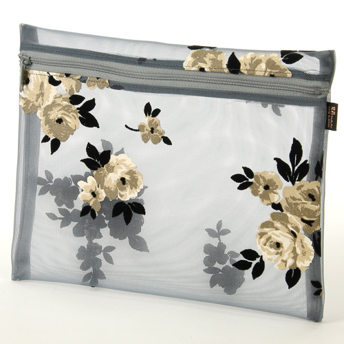 チュール フロッキー花柄 フラットポーチ 大