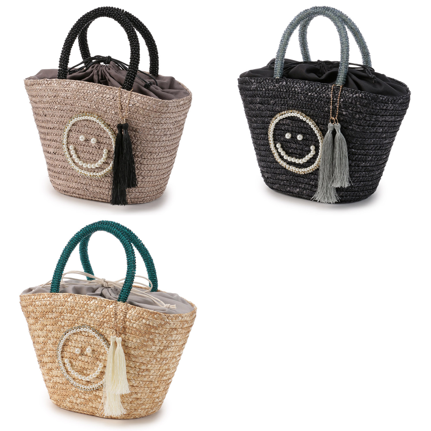 COOCO SMILEY パール刺繍ビーズハンドルカゴバッグ