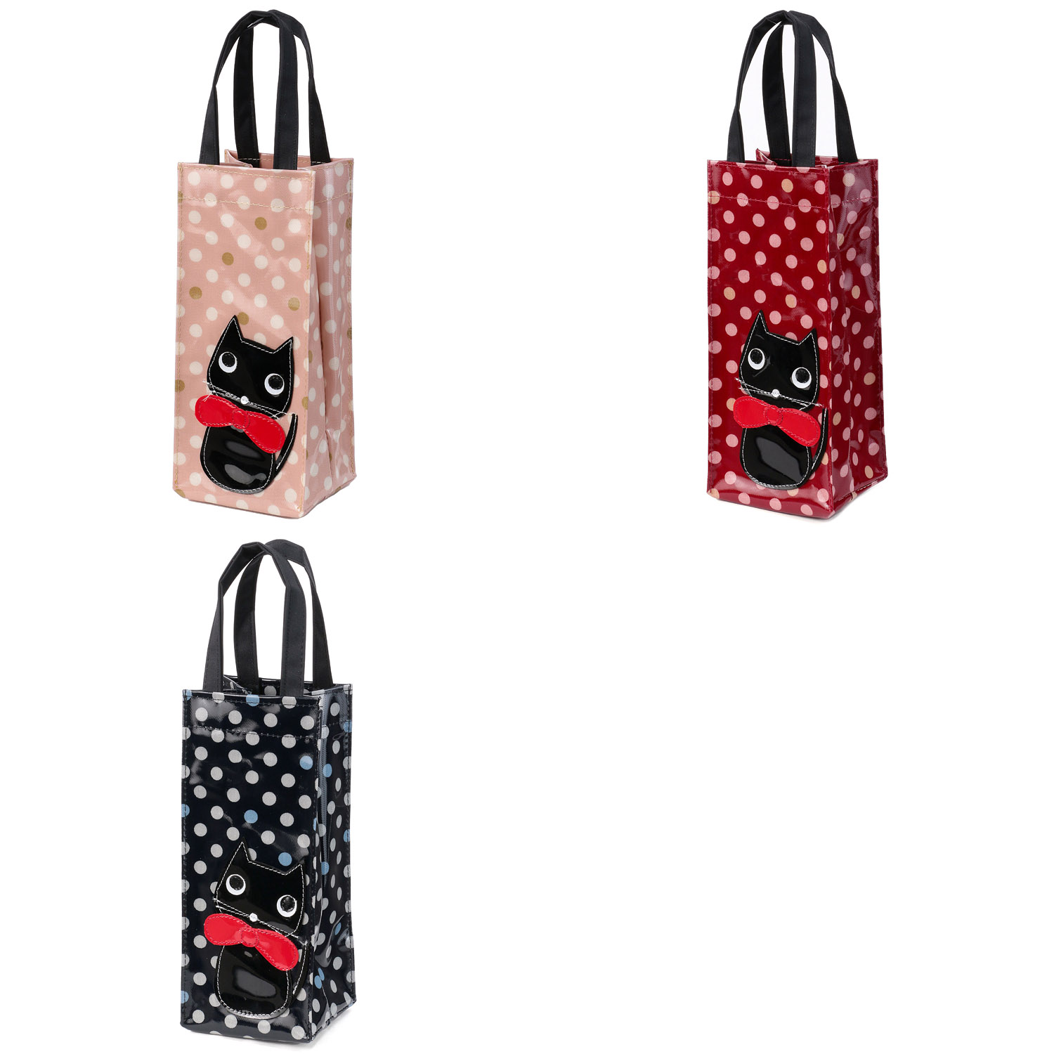 リボン猫ドット柄ボトルバッグ