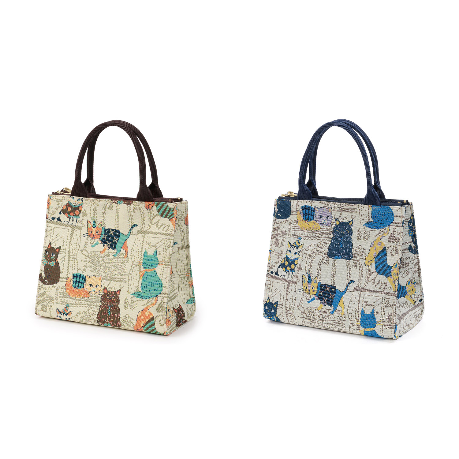 シャルポ ネコ柄Wファスナー角型バッグ