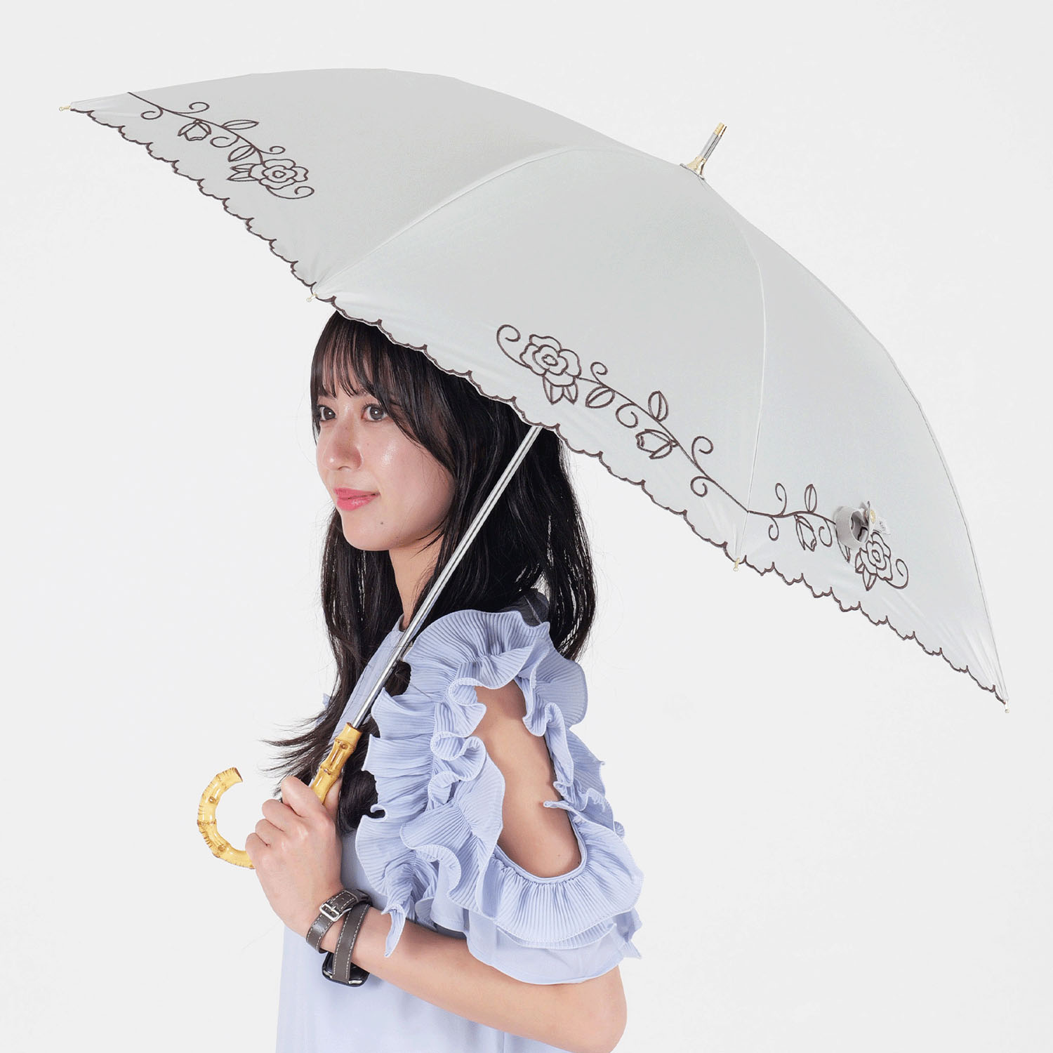 晴雨兼用 ローズ刺繍長傘 - 画像9