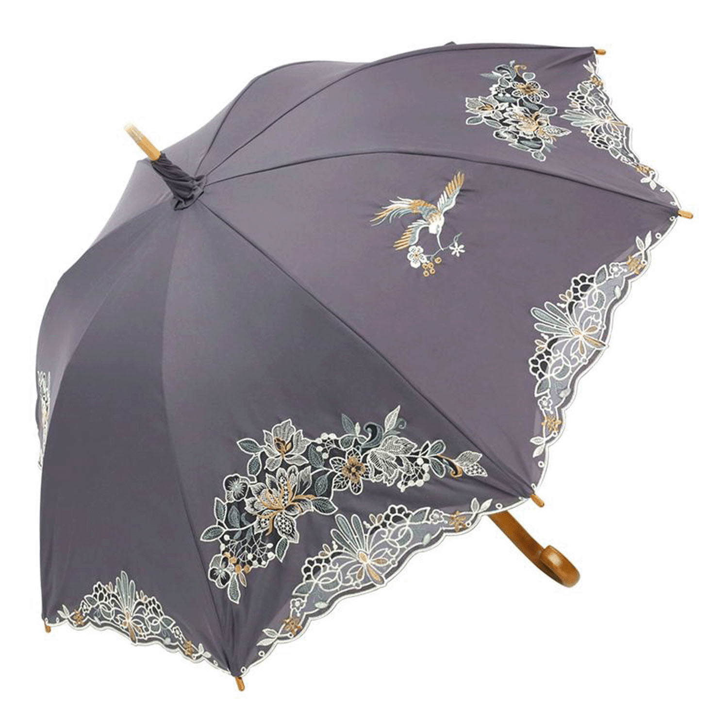 完全遮光 （晴雨兼用）女優日傘 「花鳥オーガンジー刺繍かわず張り」