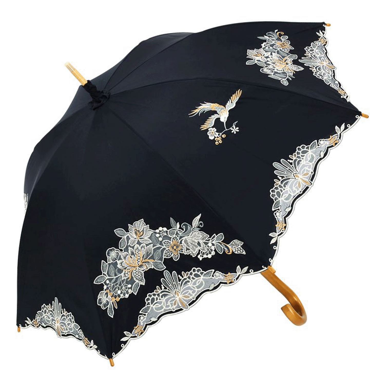 完全遮光 （晴雨兼用）女優日傘 「花鳥オーガンジー刺繍かわず張り」