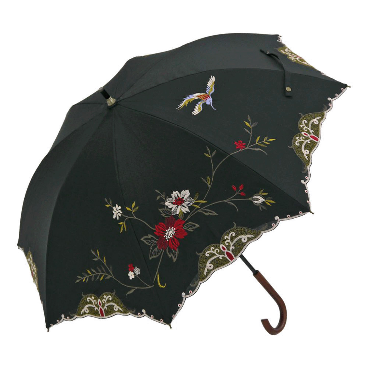 完全遮光 （晴雨兼用）女優日傘 「花鳥刺繍かわず張り」ショート長傘 - 画像6