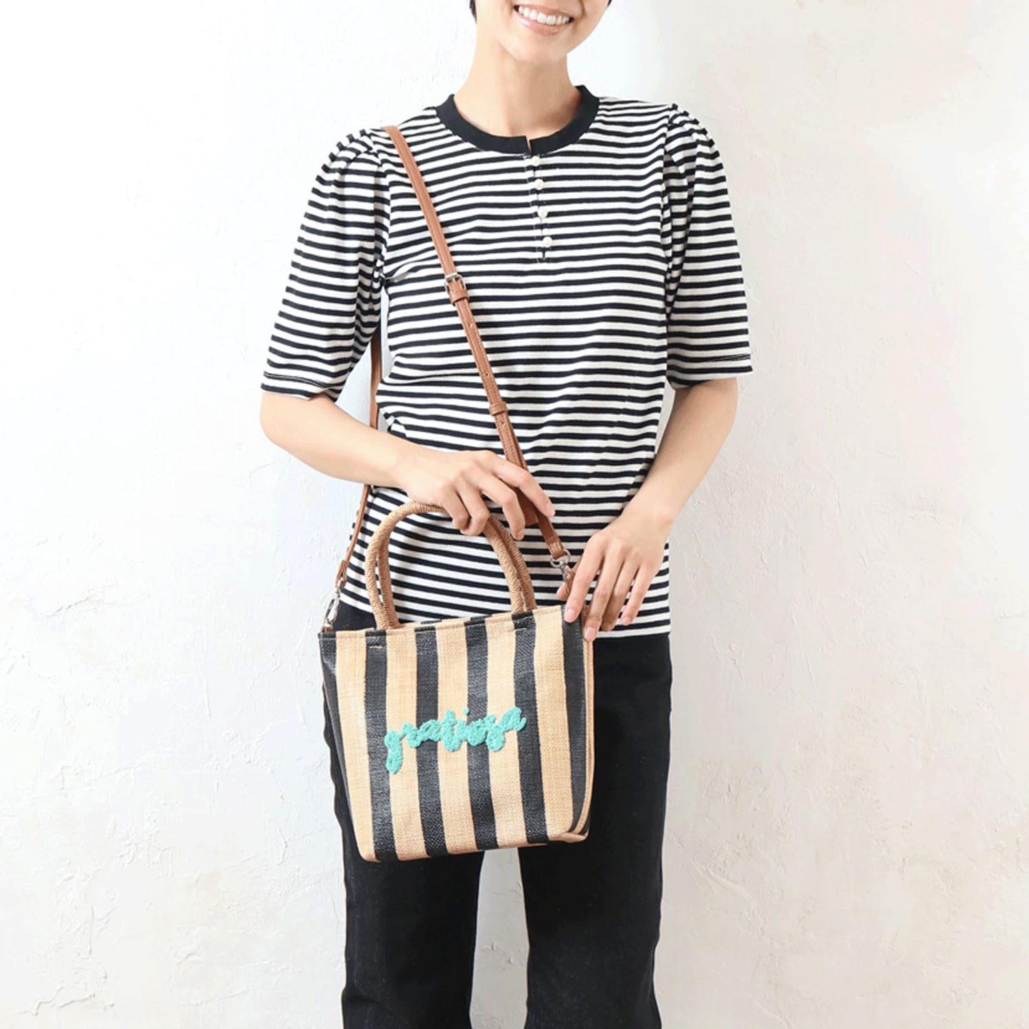 雑材サガラ刺繍ストライプ2WAYバッグ - 画像3