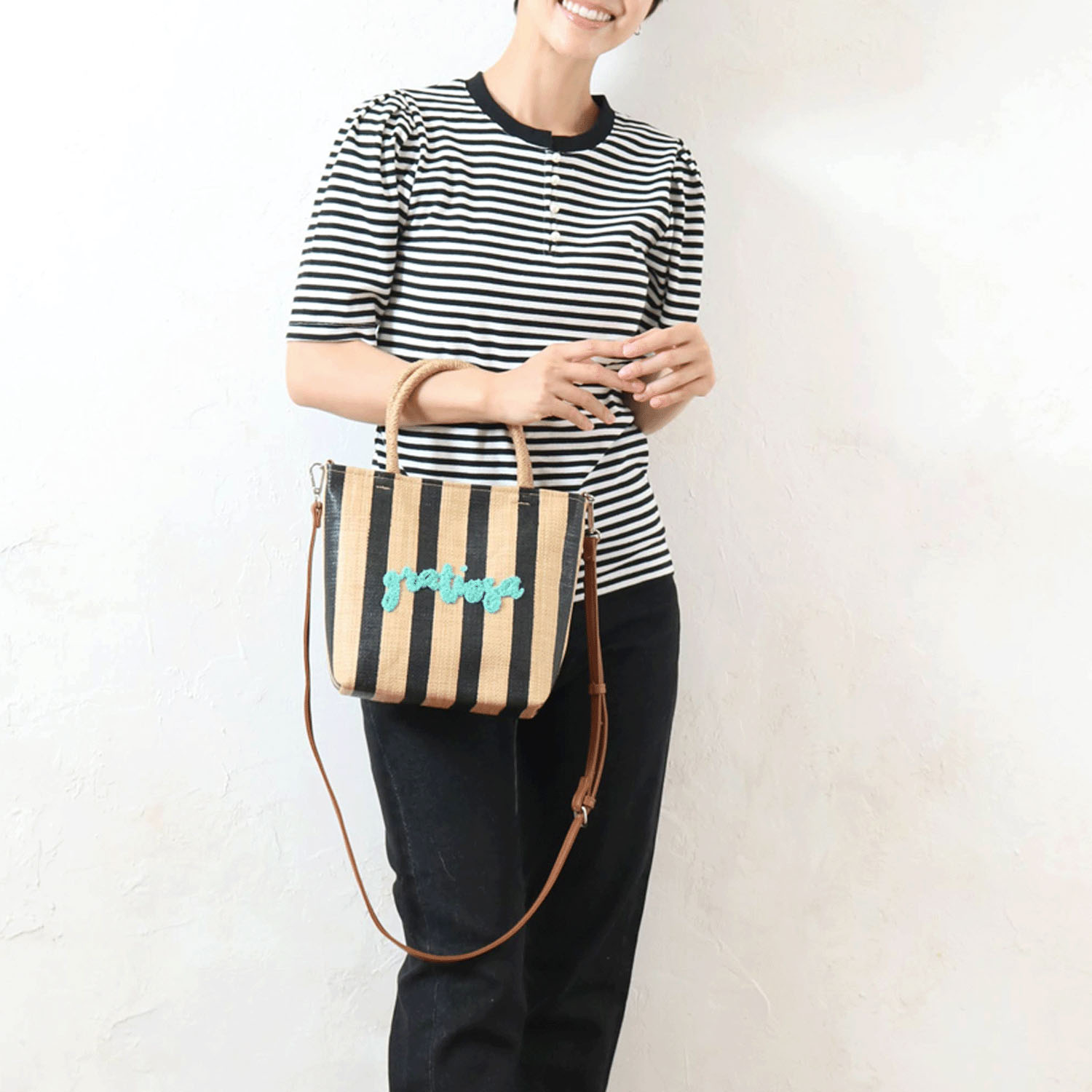 雑材サガラ刺繍ストライプ2WAYバッグ - 画像1