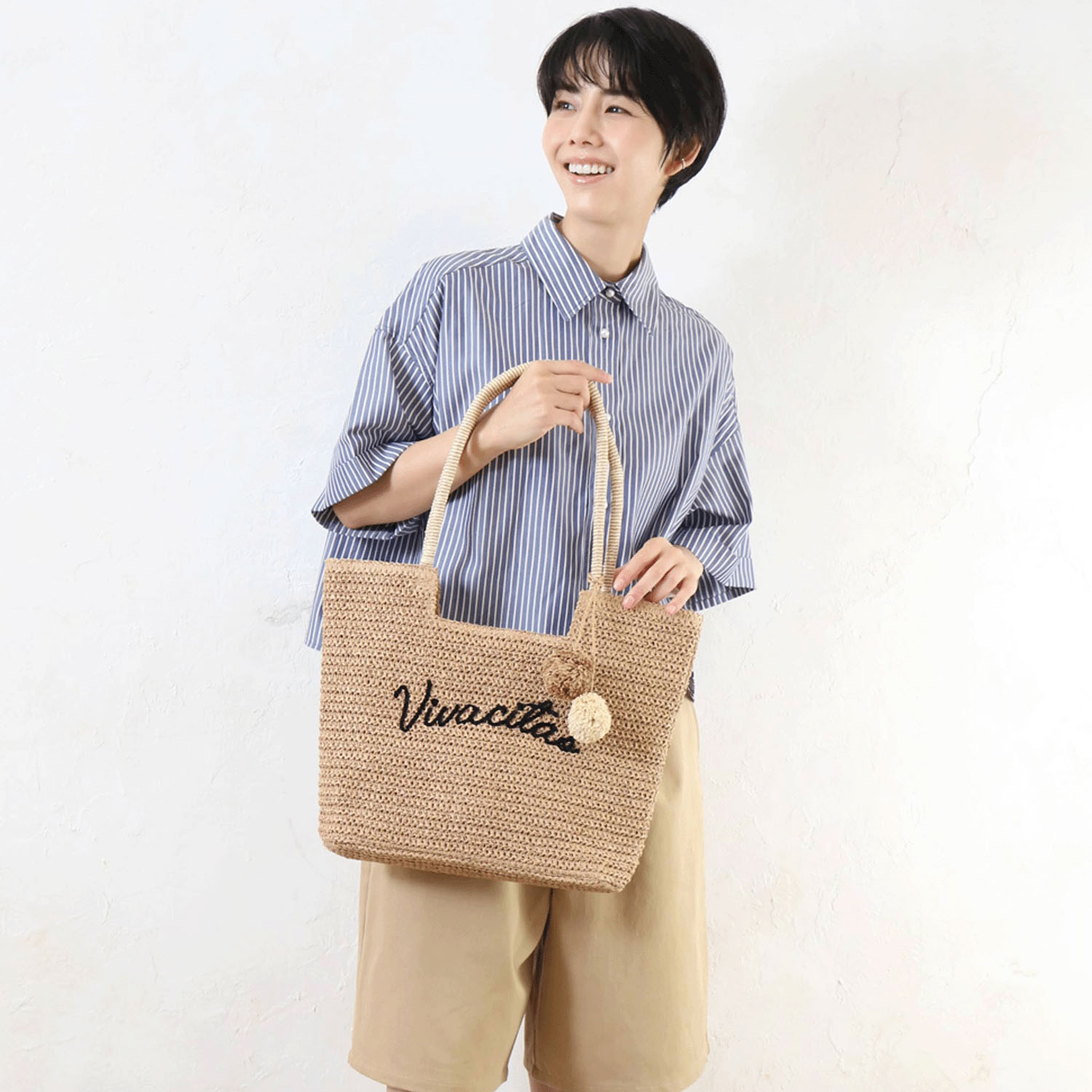 雑材ロゴ刺繍ポンポン付トートバッグ - 画像3