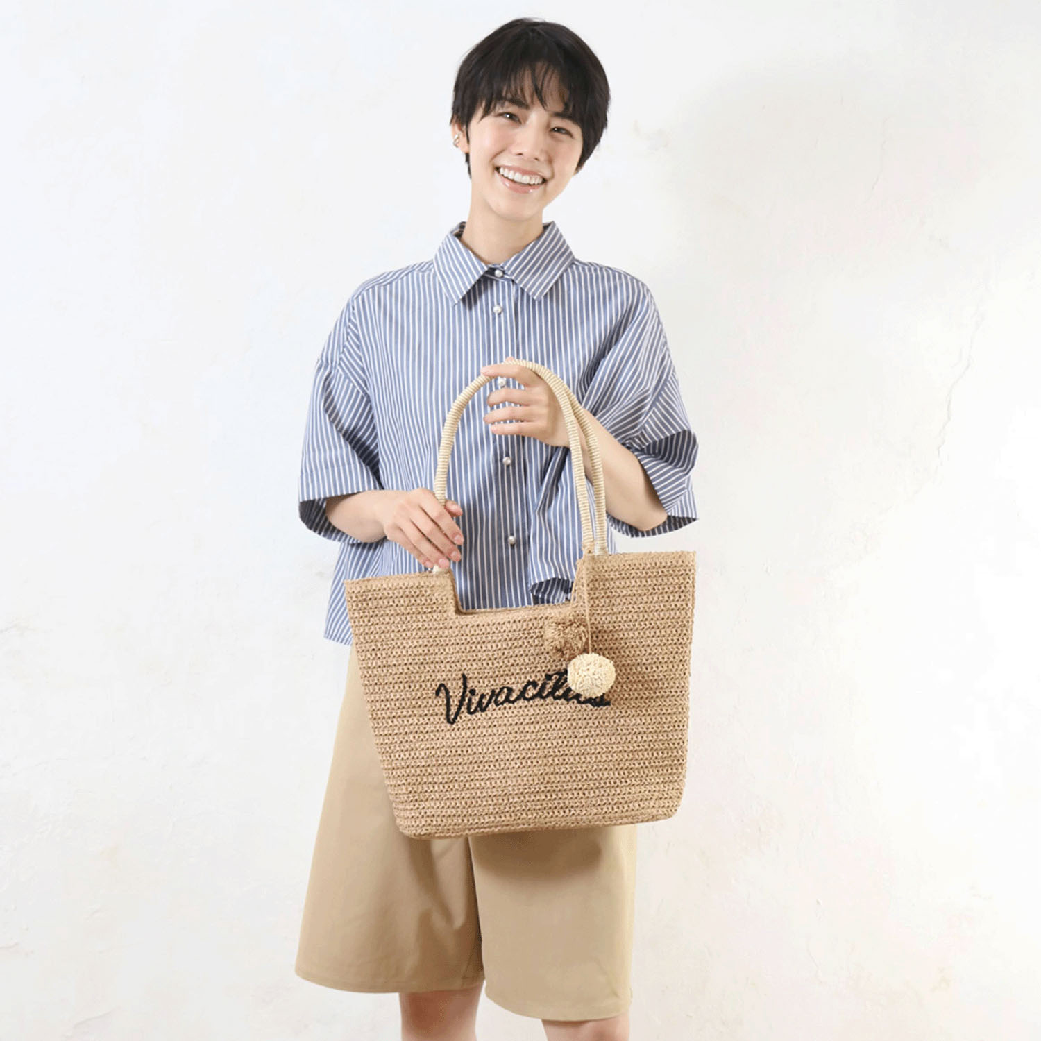 雑材ロゴ刺繍ポンポン付トートバッグ - 画像1