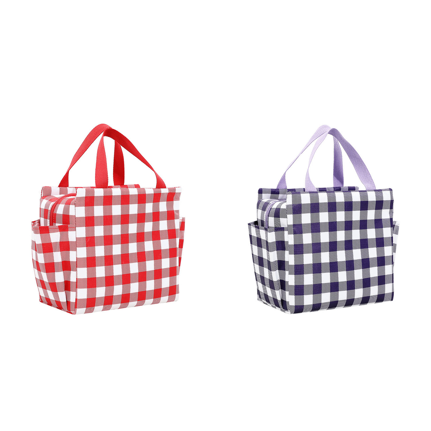 チェック柄横ポケット付き保冷バッグ