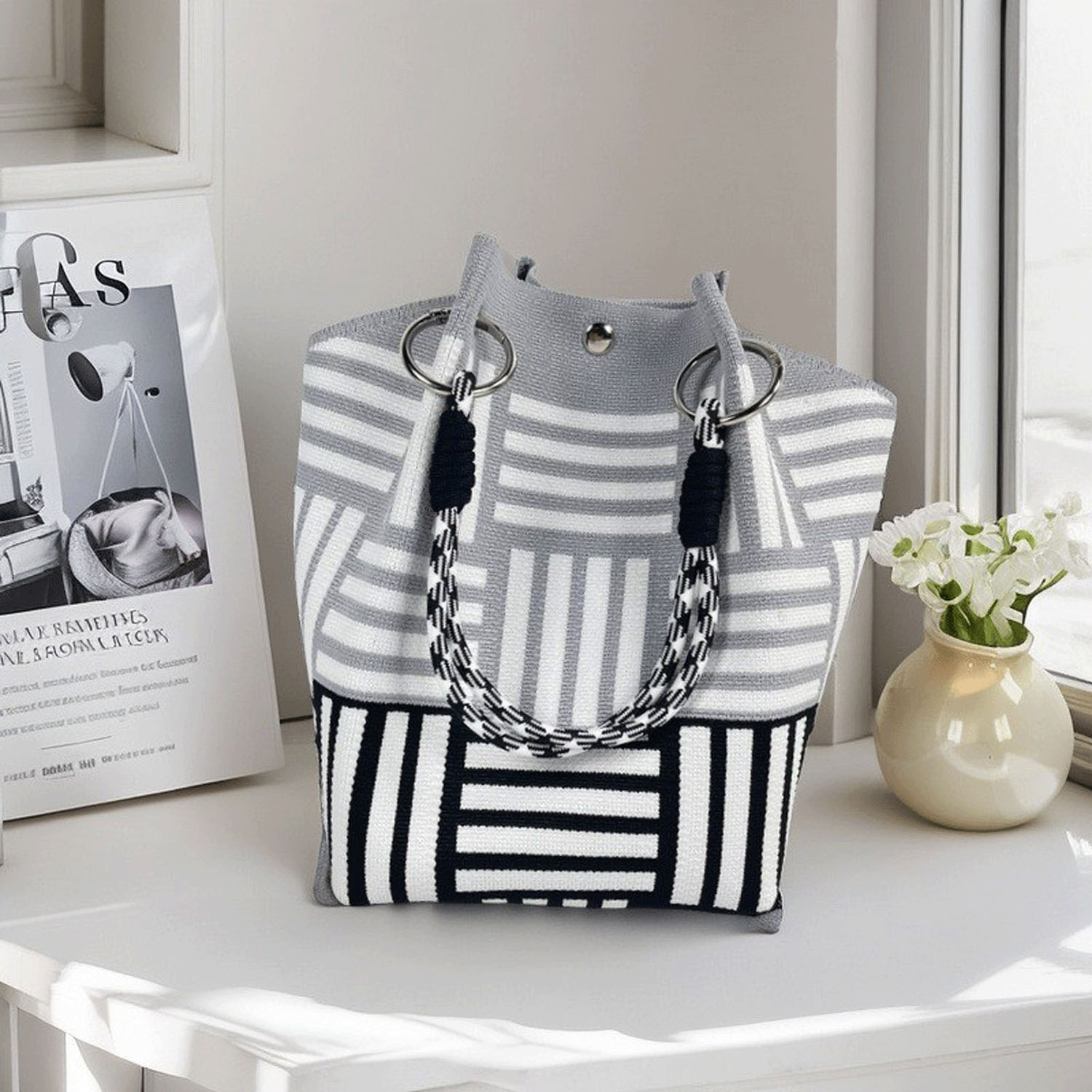 柄ものロープハンドルニットバッグ - 画像3