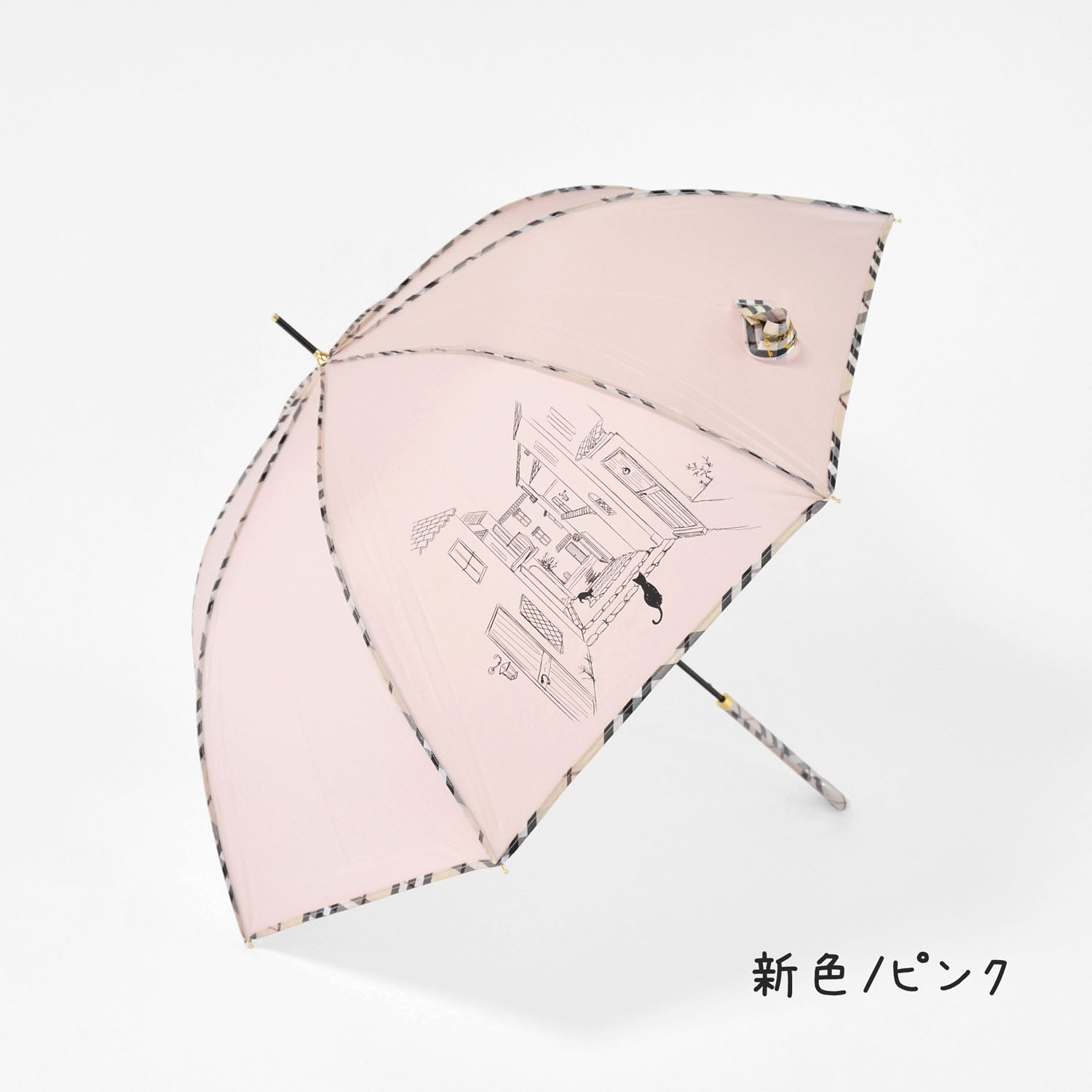 60cm耐風 チェックパイピングと猫長傘 - 画像2