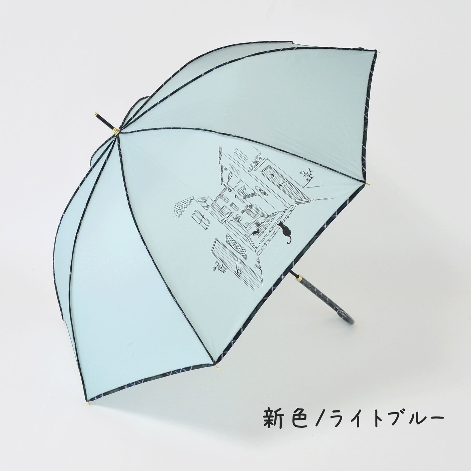 60cm耐風 チェックパイピングと猫長傘 - 画像8