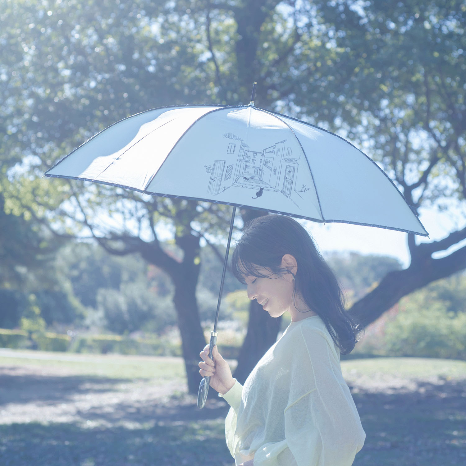 60cm耐風 チェックパイピングと猫長傘 - 画像1