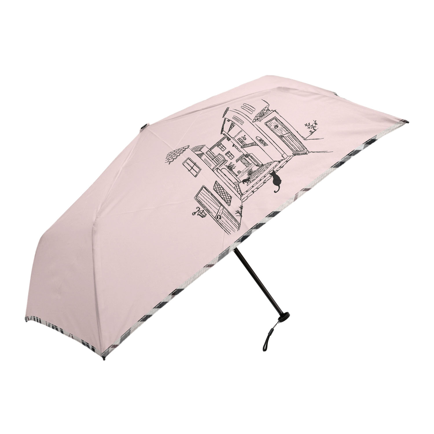 チェックパイピングと猫 軽量ミニ傘 - 画像1