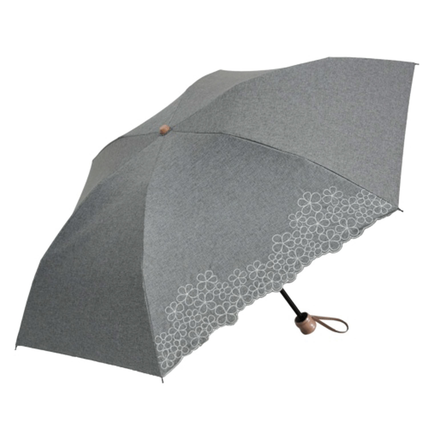 晴雨兼用 シャンブレー花畑刺繍折傘 - 画像1