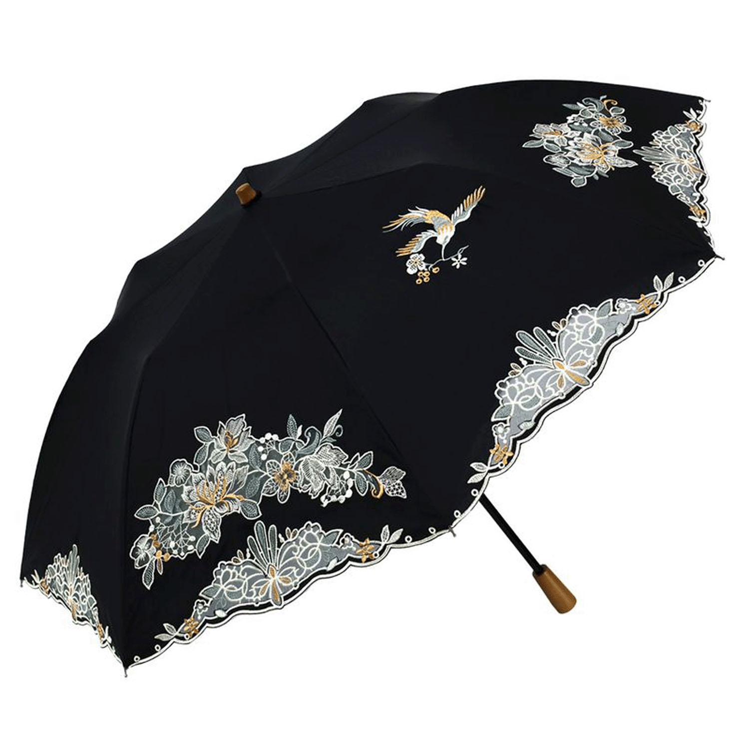 完全遮光 （晴雨兼用）女優日傘 「花鳥オーガンジー刺繍かわず張り」ショート折り畳み - 画像12