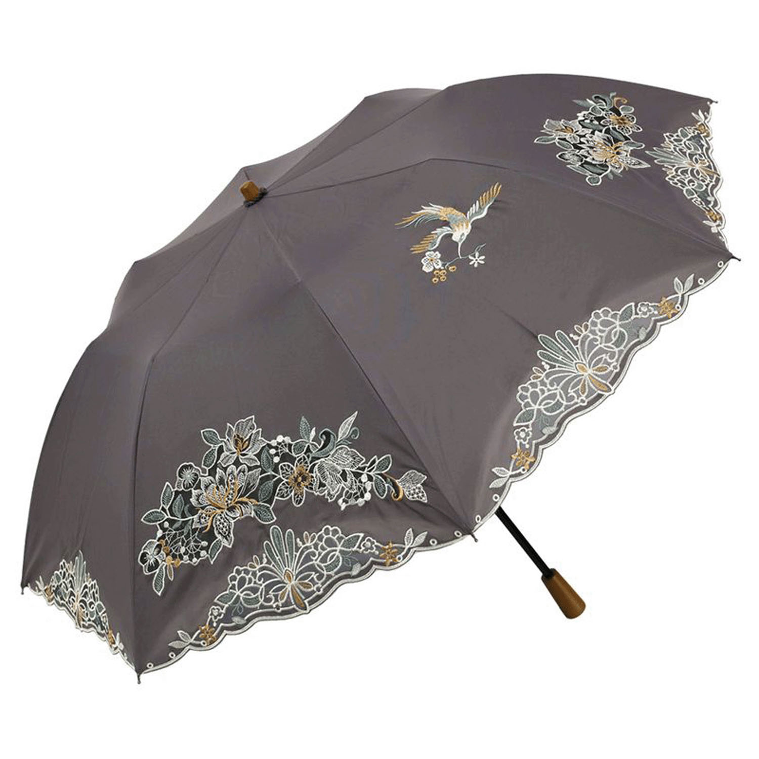 完全遮光 （晴雨兼用）女優日傘 「花鳥オーガンジー刺繍かわず張り」ショート折り畳み