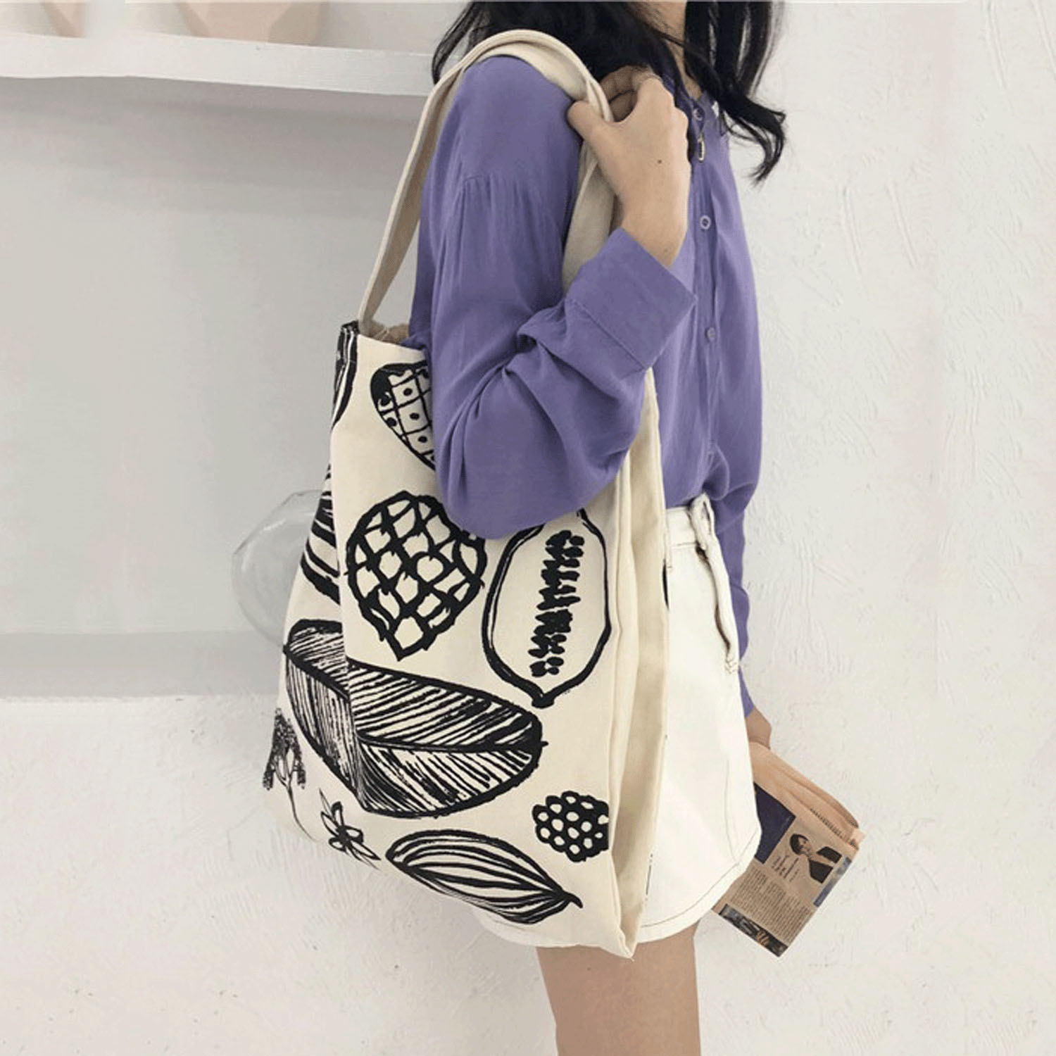 キャンバス植物柄トートバッグ - 画像1